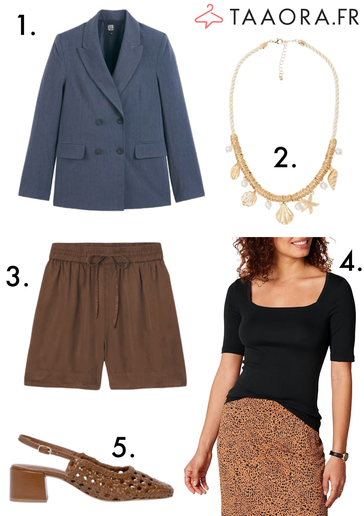 Sélection shopping printemps 2026 avec blazer oversize bleu marine, short lyocell chocolat, collier coquillages dorés, t-shirt col carré noir et escarpins tressés camel