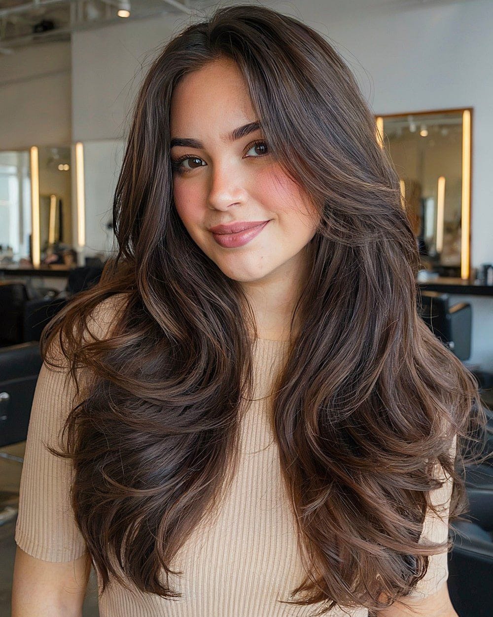 Butterfly cut sur cheveux longs épais bruns avec couches étagées