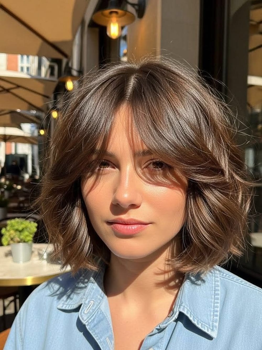 Carré dégradé avec frange rideau sur cheveux épais et ondulés