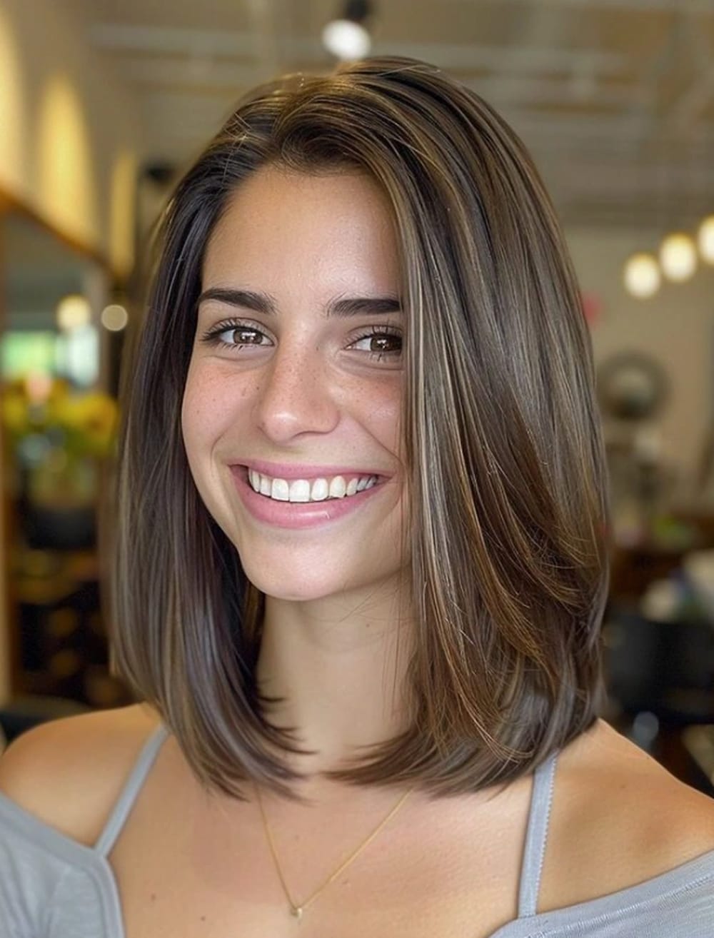 Carré long lisse sur cheveux épais avec pointes effilées