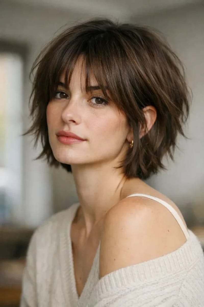 Carré shag déstructuré sur cheveux épais bruns avec frange rideau