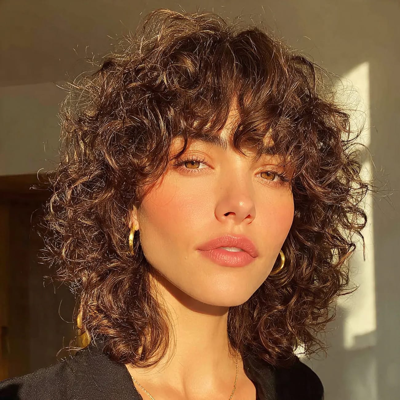 Curly wolf cut mi-long dégradé sur cheveux bouclés épais avec frange bouclée
