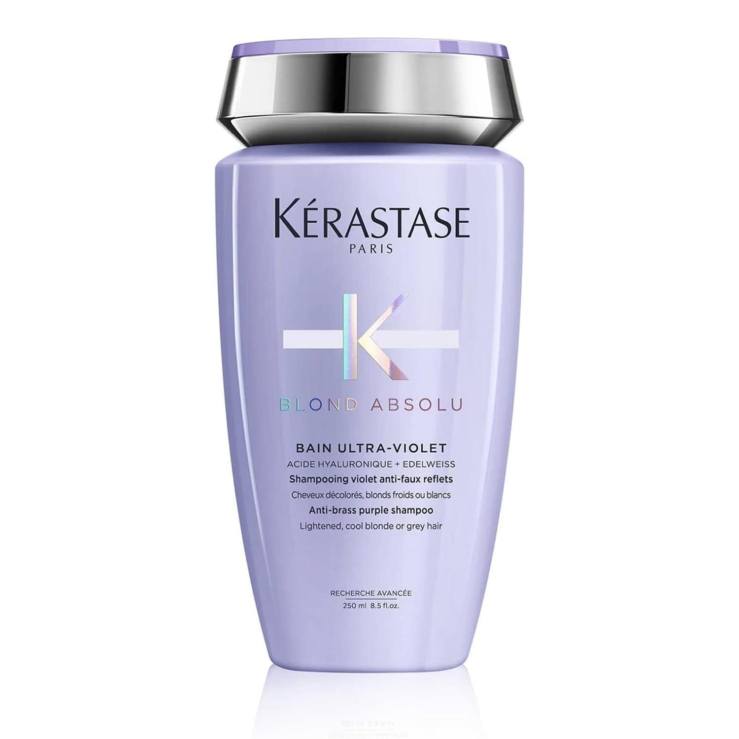 Shampooing violet Kérastase Blond Absolu Bain Ultra-Violet à l'acide hyaluronique et à l'edelweiss pour cheveux blancs et gris