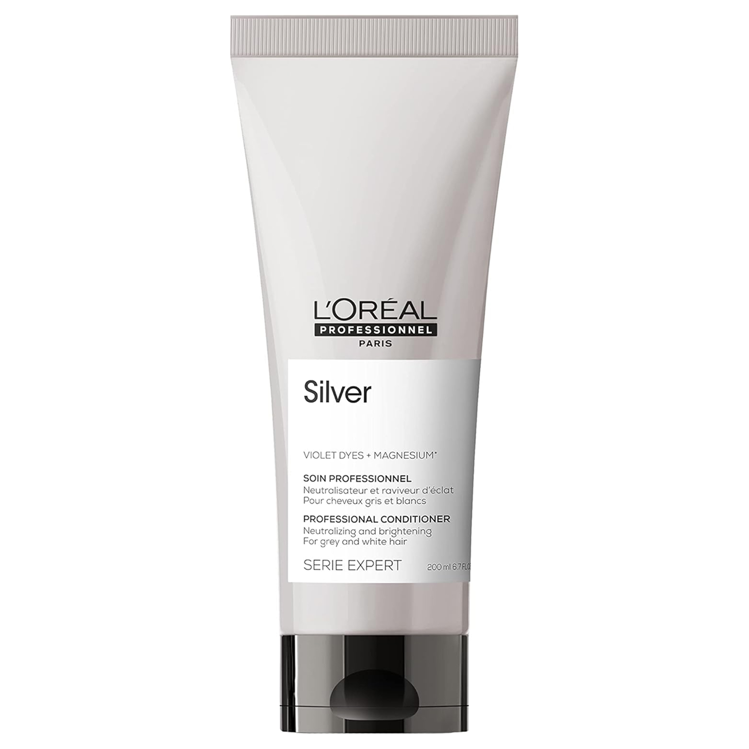 Après-shampooing neutralisant L'Oréal Professionnel Silver 200ml aux pigments violets pour cheveux gris et blancs