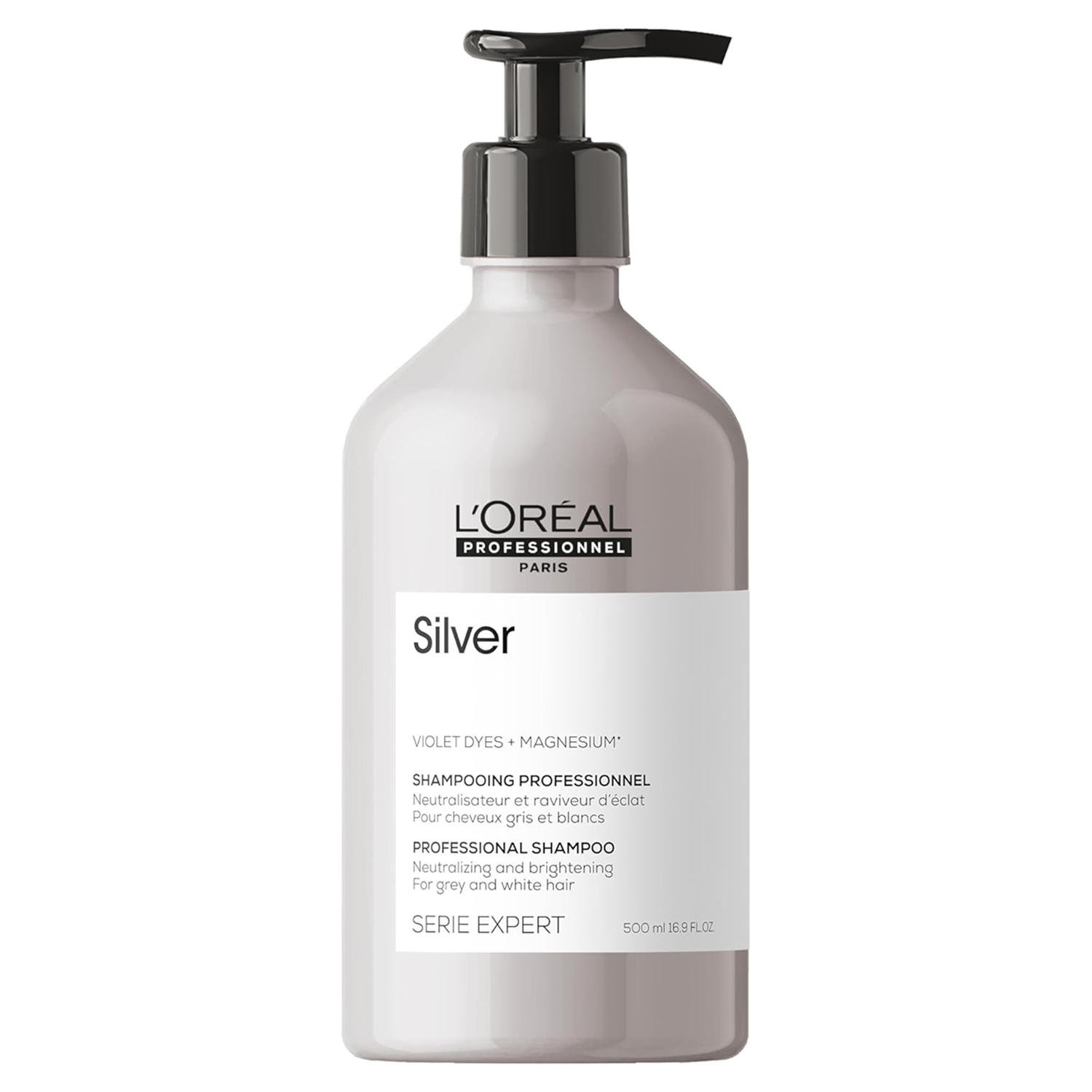 Shampooing violet L'Oréal Professionnel Silver 500ml pour neutraliser les reflets jaunes des cheveux gris et blancs