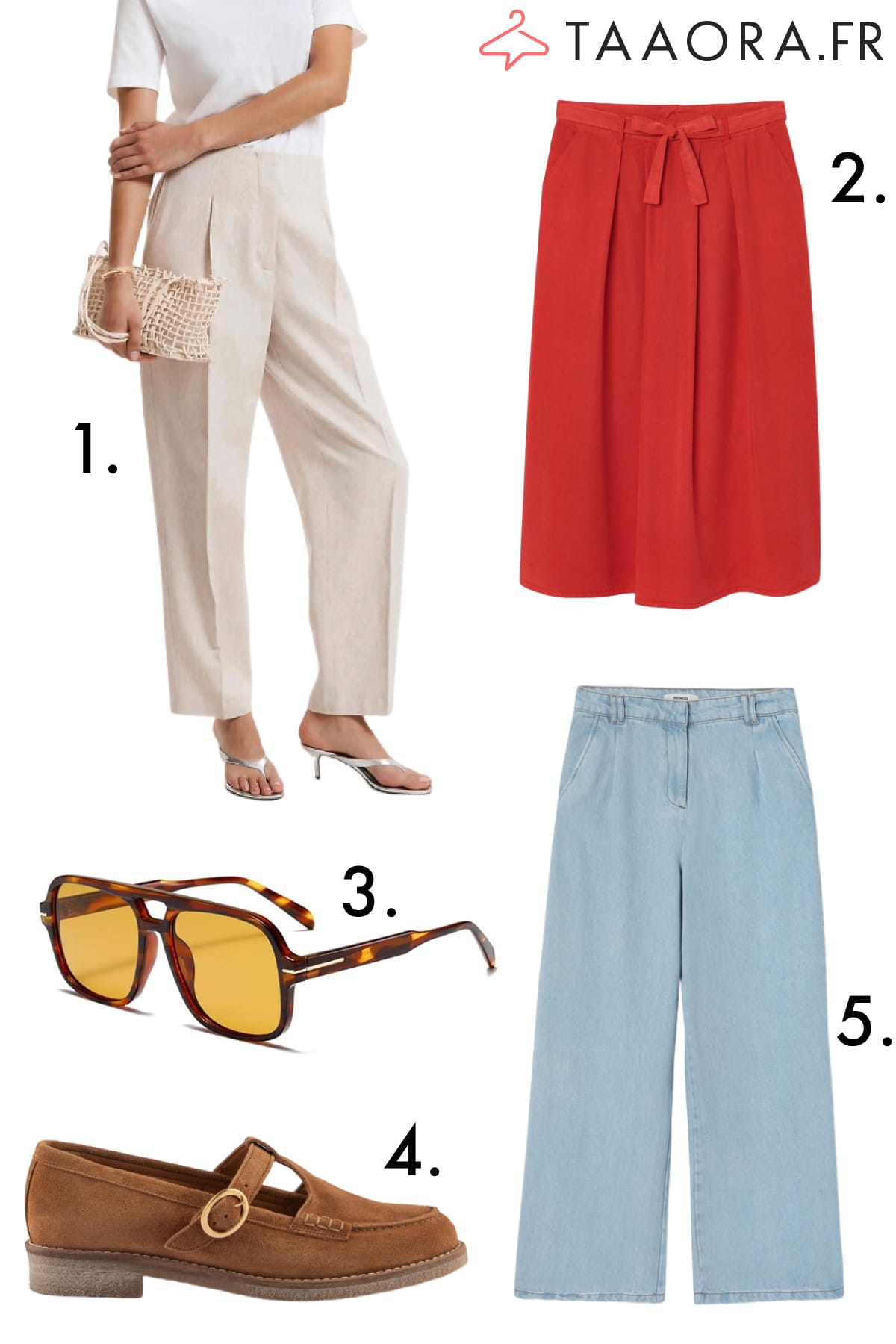 Pantalon lin beige, jupe midi rouge, jean large lyocell, mocassins à bride marron et lunettes aviateur écaille pour femme