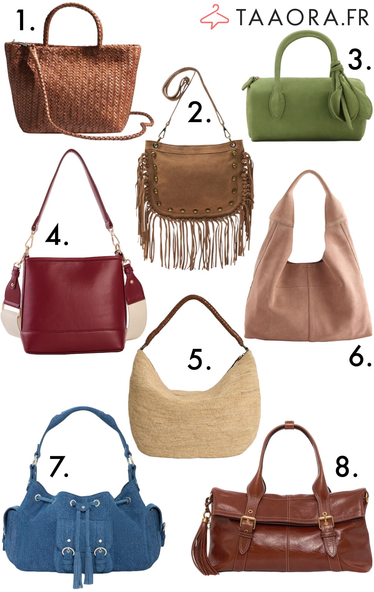 élection de 8 sacs tendance femme pour le printemps-été 2026 : hobo raphia, cuir tressé, bowling cognac, bucket denim et besace daim