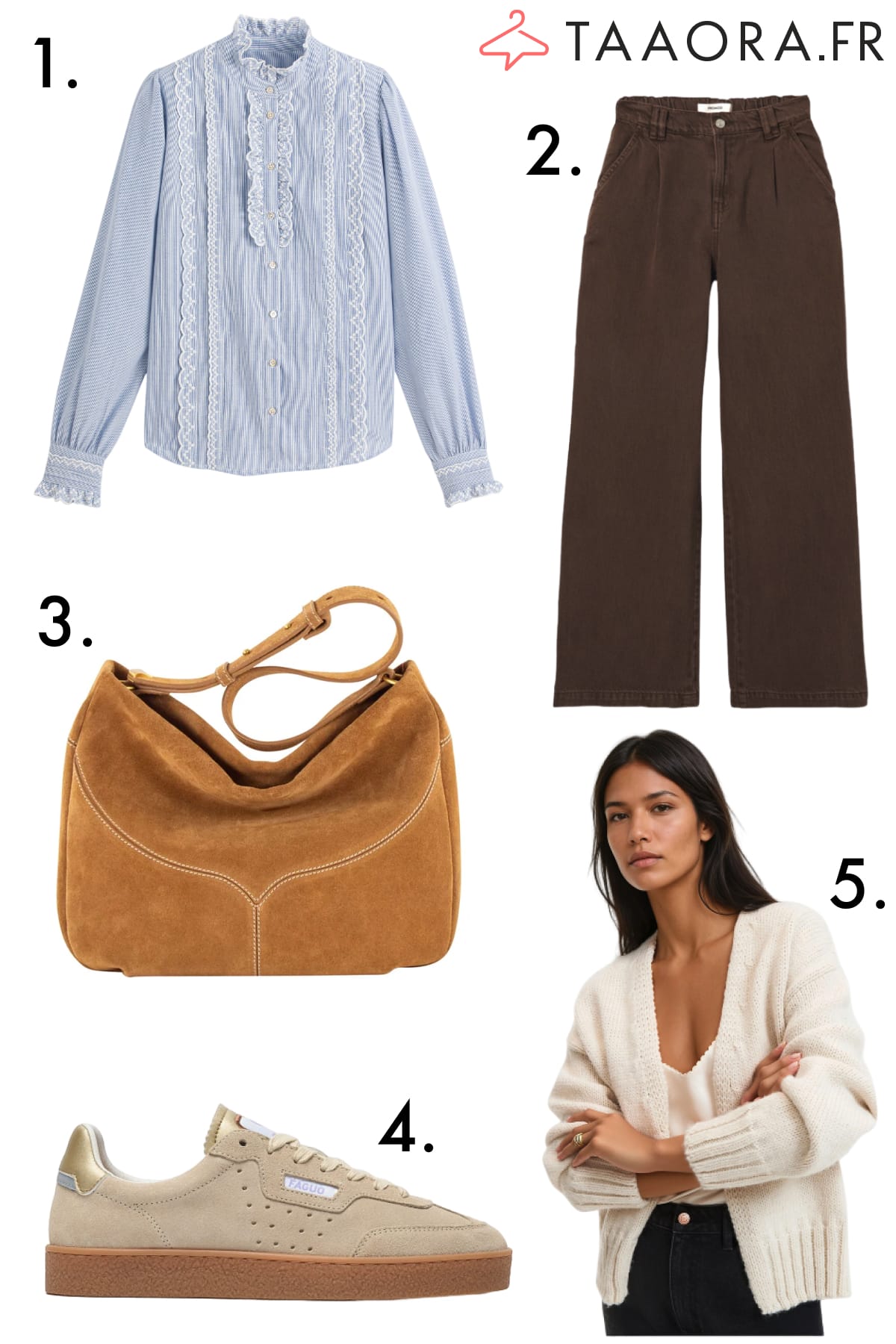 Sélection mode femme : chemisier romantique rayé, pantalon large chocolat, sac hobo suédé miel, baskets suède beige doré et cardigan grosse maille crème