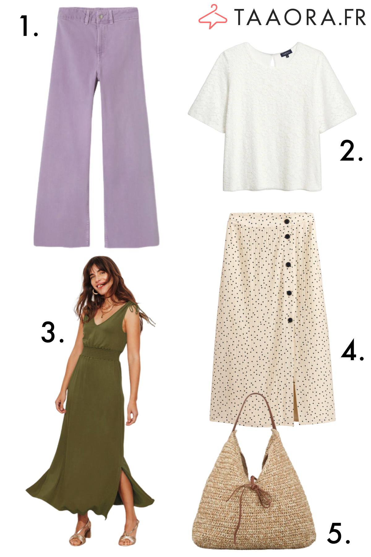 Pantalon large violet clair, t-shirt dentelle blanche, robe longue kaki, jupe midi à pois et sac en paille : mode printemps 2026