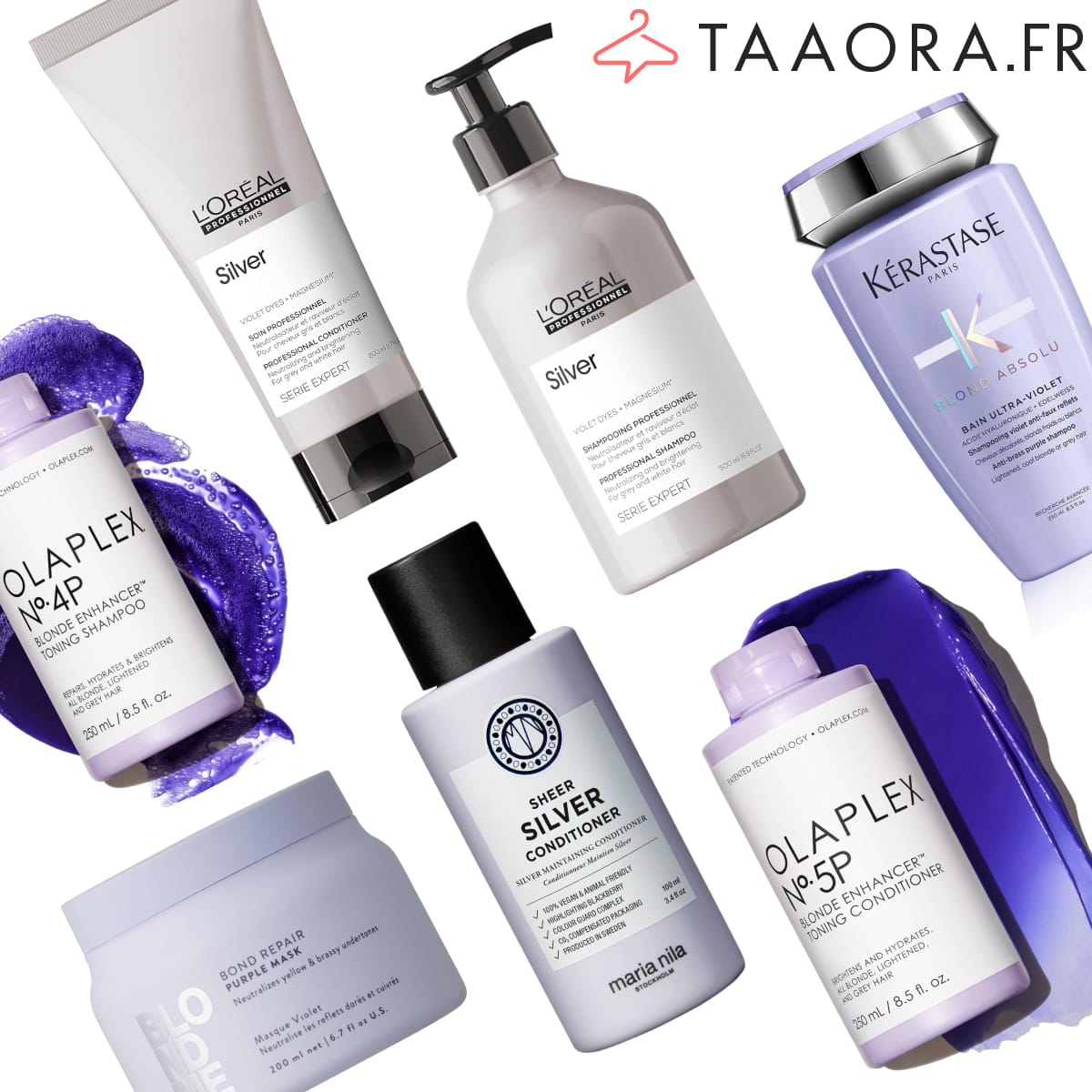 7 soins déjaunissants professionnels pour cheveux gris et blancs : L'Oréal Professionnel Silver, Olaplex N°4P et N°5P, Kérastase Bain Ultra-Violet, Schwarzkopf Blondme et Maria Nila Sheer Silver