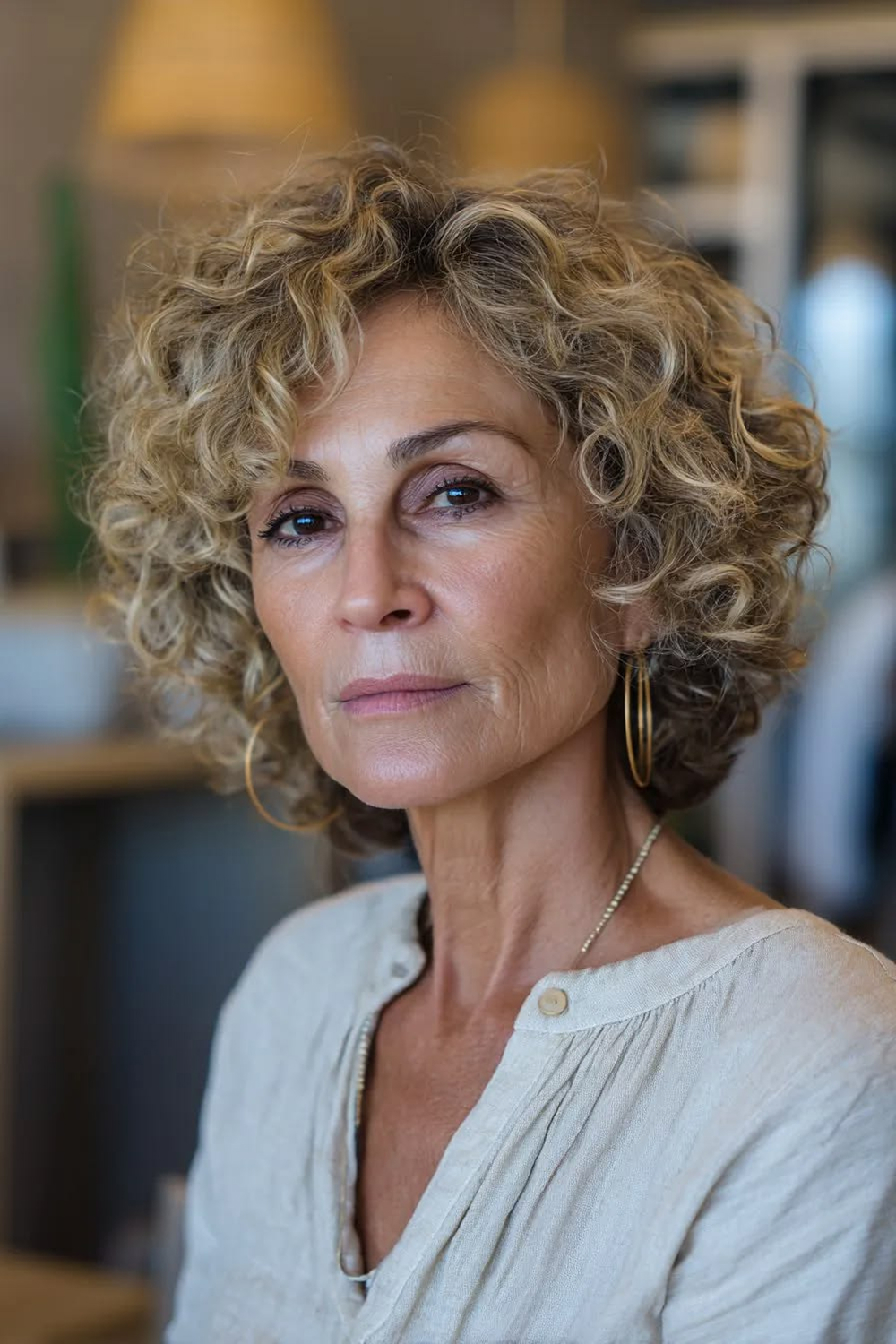 Carré court bouclé blond balayage doré, coupe lumineuse femme 60 ans