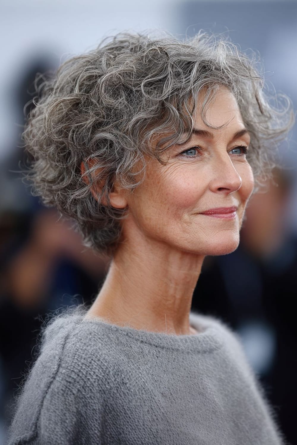 Carré court bouclé cheveux gris naturels, femme 60 ans élégante