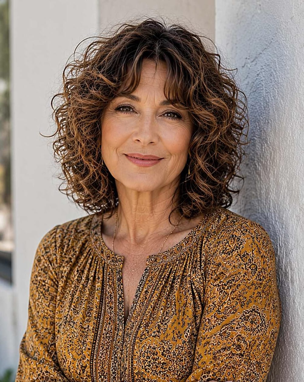 Coupe mi-longue cheveux bouclés serrés avec frange, femme 60 ans châtain doré