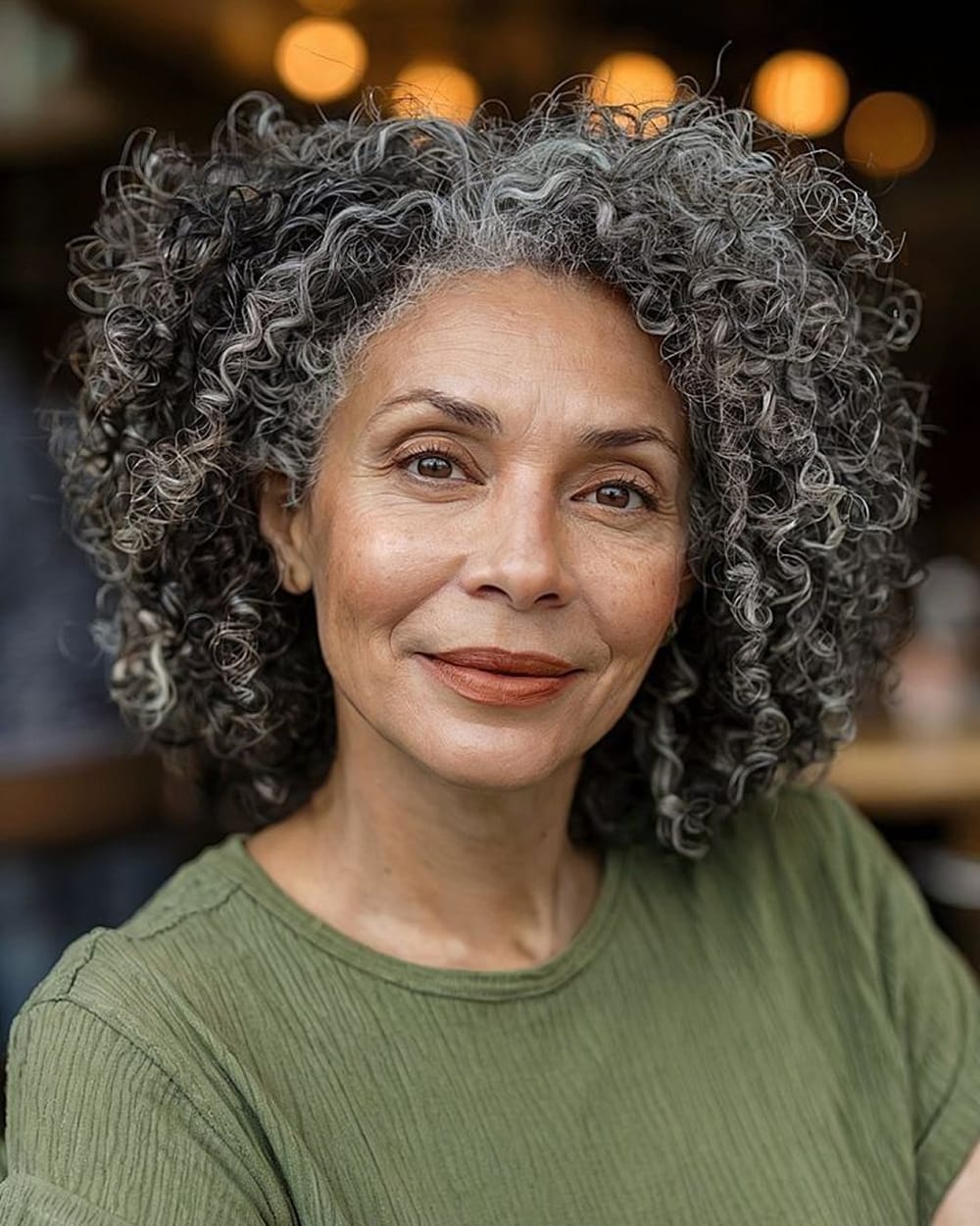 Cheveux frisés gris mi-longs poivre et sel, femme 60 ans texture naturelle assumée