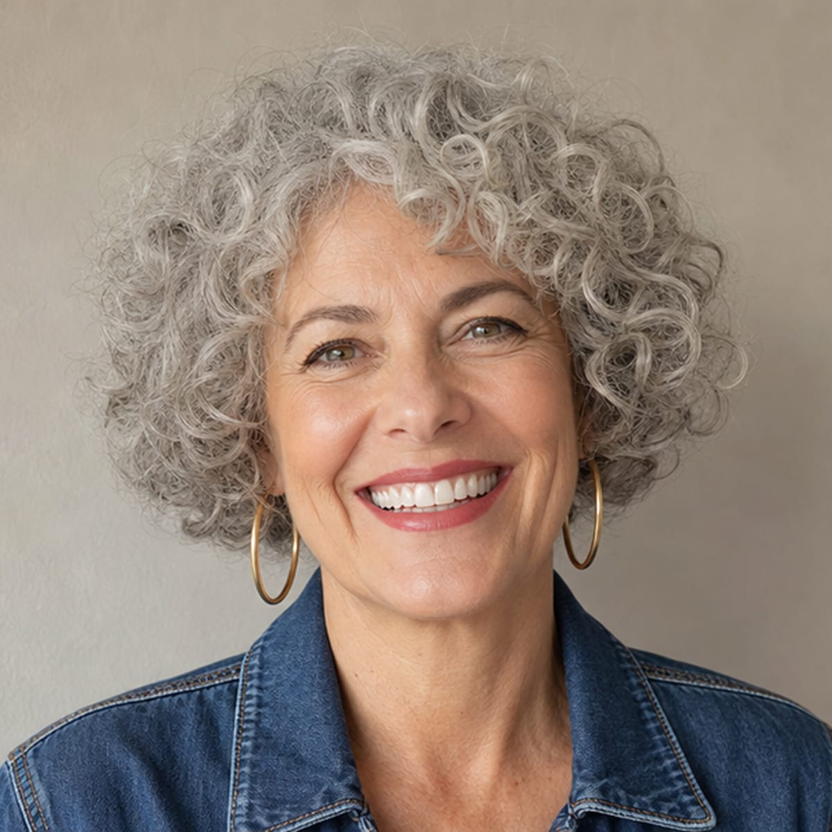 Coupe courte cheveux bouclés gris bien définis, femme 60 ans avec créoles dorées