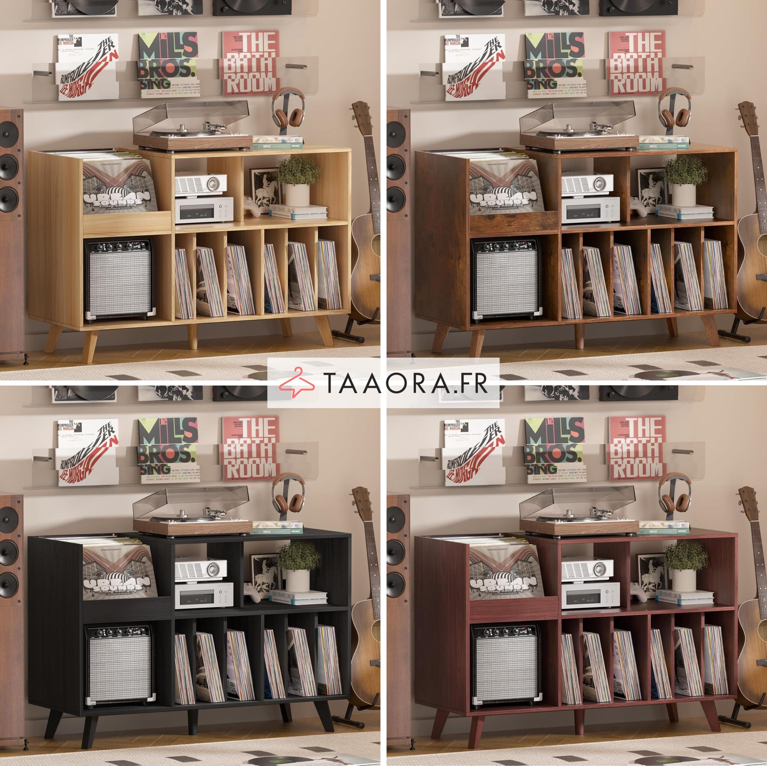 Meuble rangement vinyles disponible en 5 coloris : bois naturel, blanc, noyer, noir et bordeaux