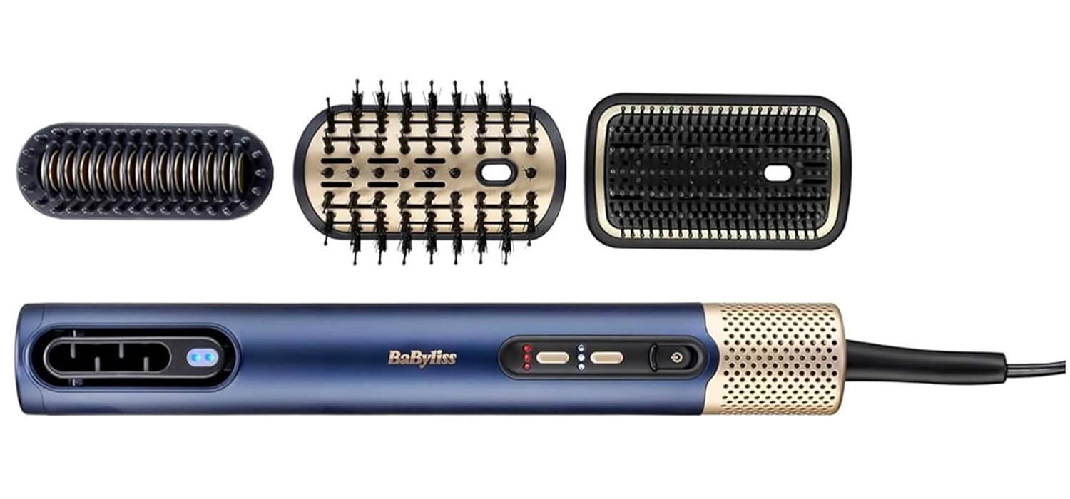 BaByliss Air Wand bleu et doré avec ses trois accessoires interchangeables