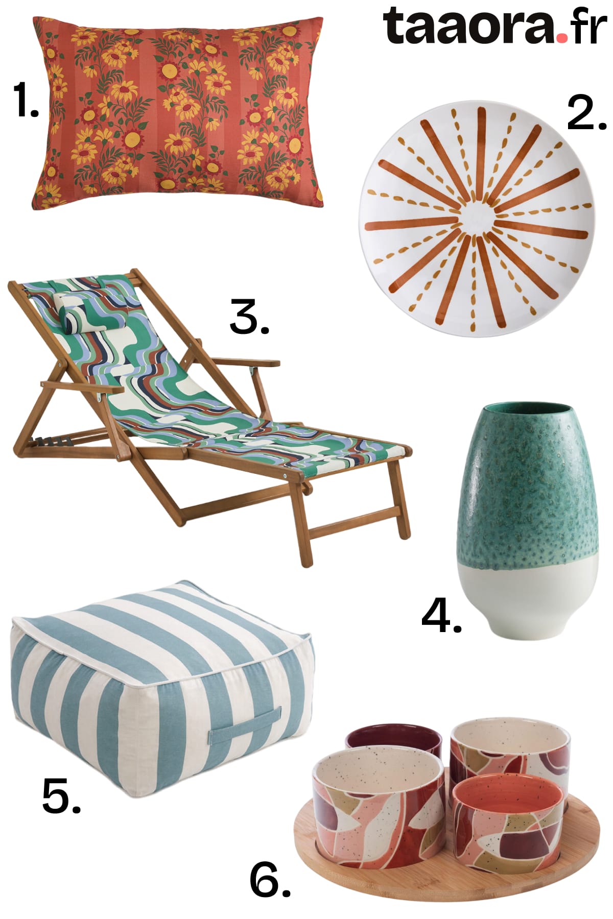 Sélection déco extérieure pour le jardin : coussins, chaise longue, vase et plateau apéritif