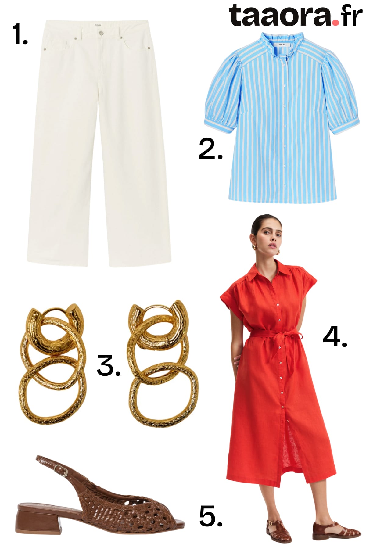 Pantalon blanc large, robe chemise rouge en lin, top rayé bleu et sandales tressées marron, sélection mode été 2026