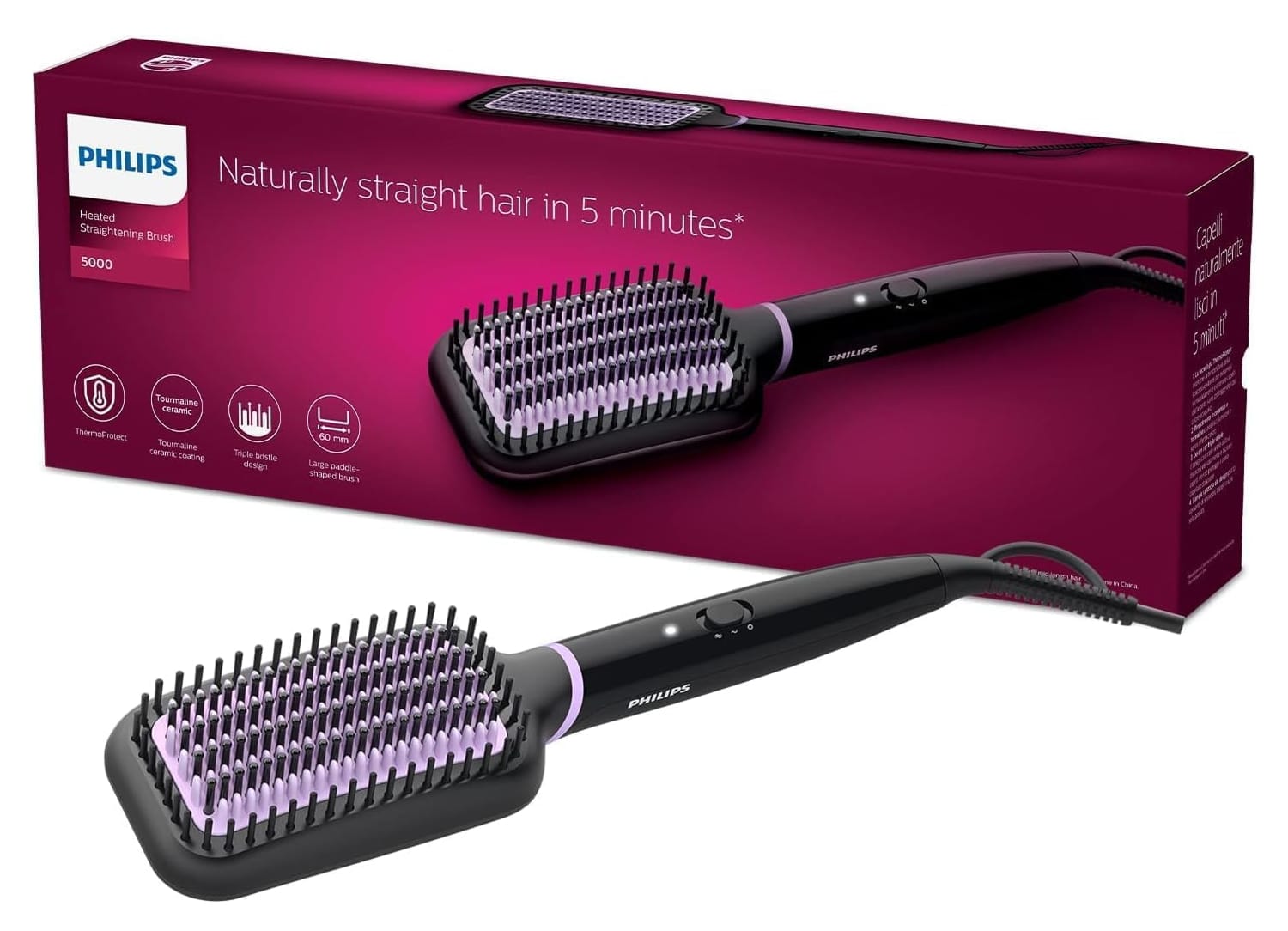 Brosse lissante Remington Keratin Protect avec son emballage et résultat cheveux lisses