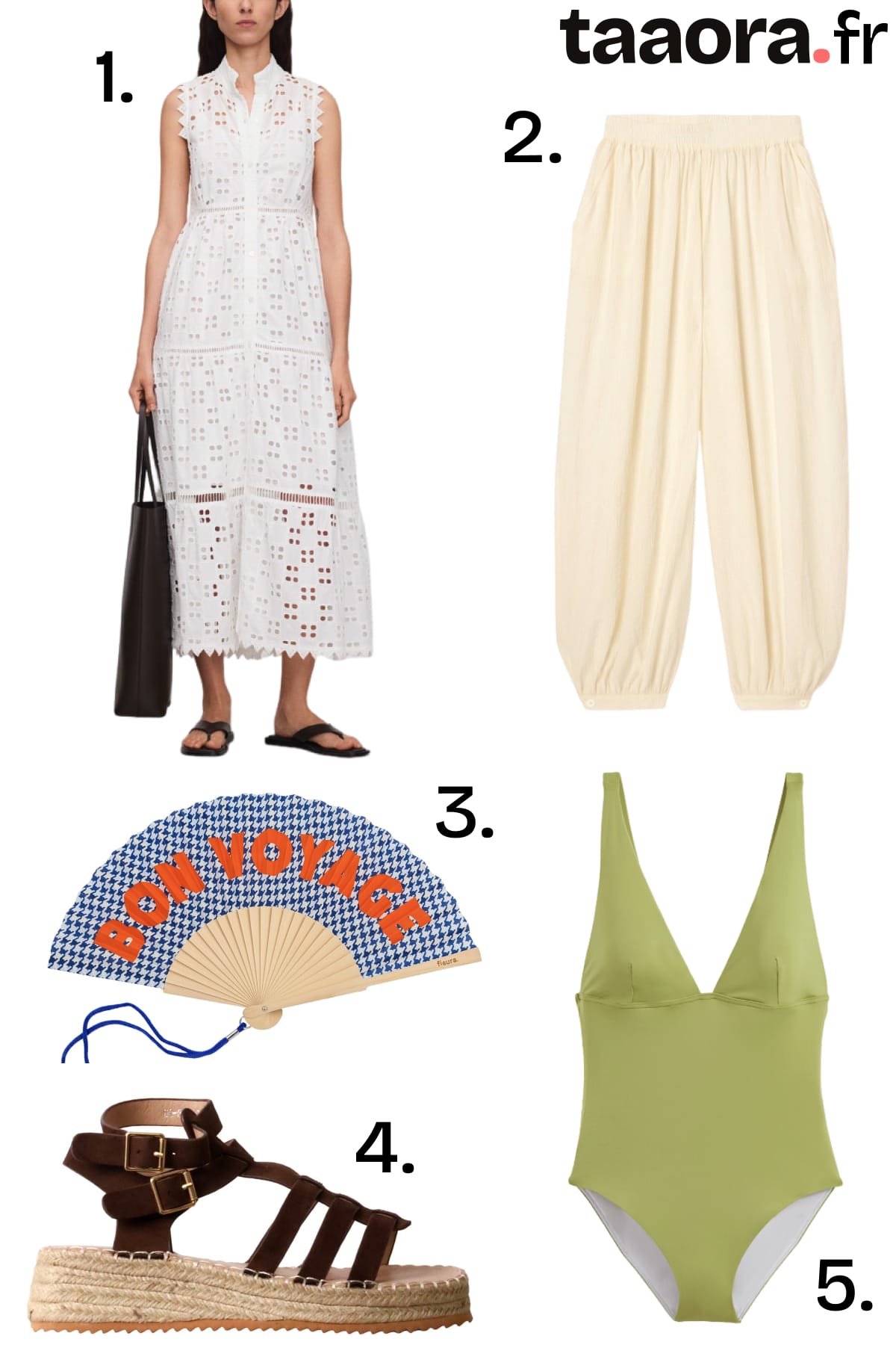 Sélection mode été 2026 : robe broderie anglaise blanche, pantalon crépon ivoire, éventail pied-de-poule, sandales à brides marron et maillot une pièce vert olive