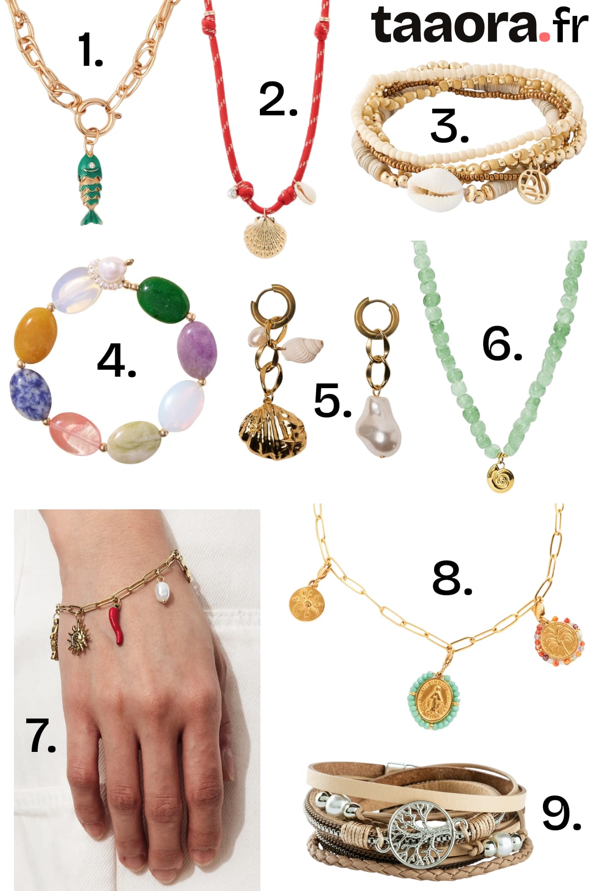 Sélection de 9 bijoux plage 2026 : colliers coquillage, bracelets breloque et boucles d'oreilles pierre naturelle