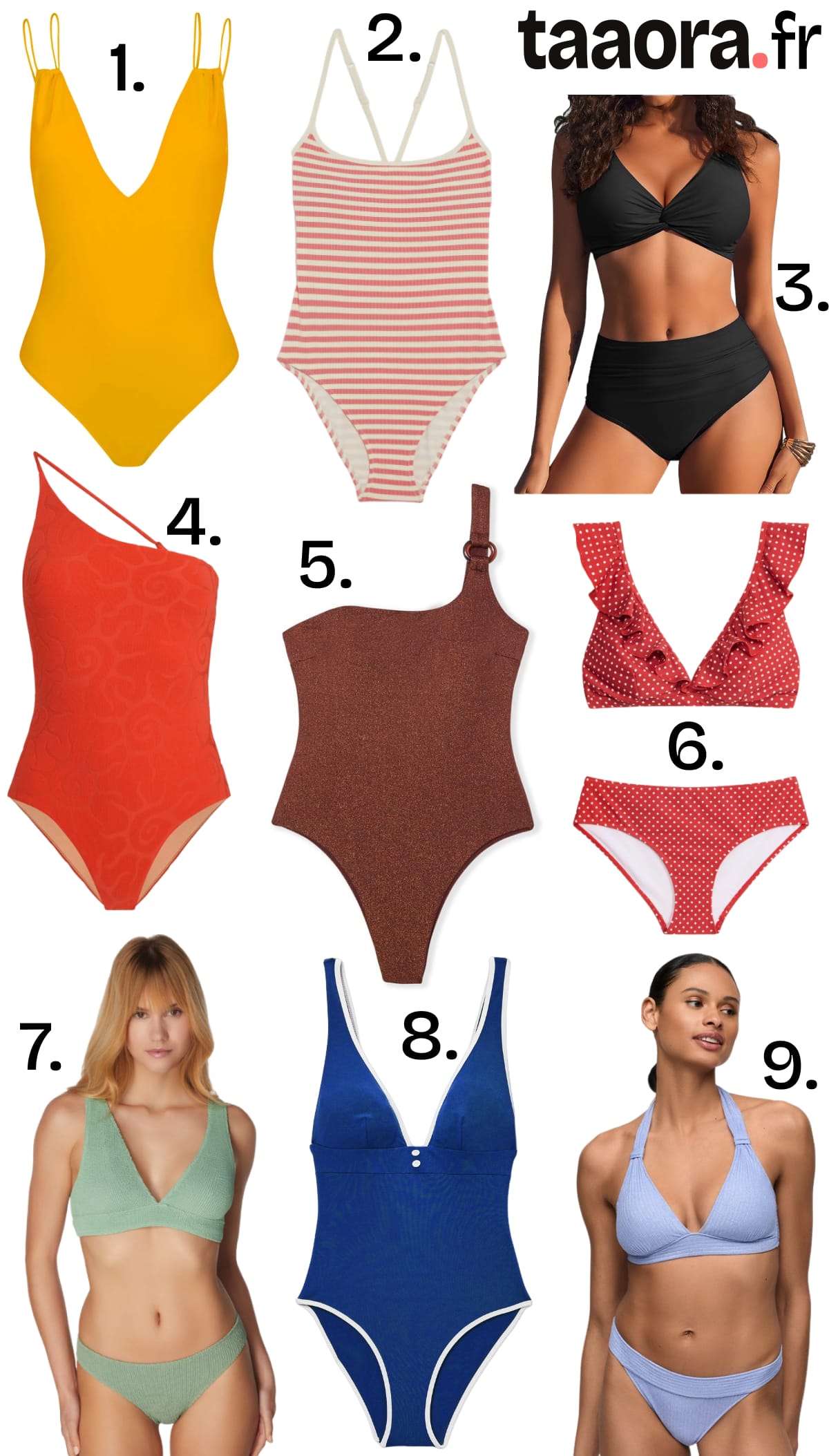 Maillots de bain et bikinis tendance été 2026 en jaune, rouge, bleu et vert sauge