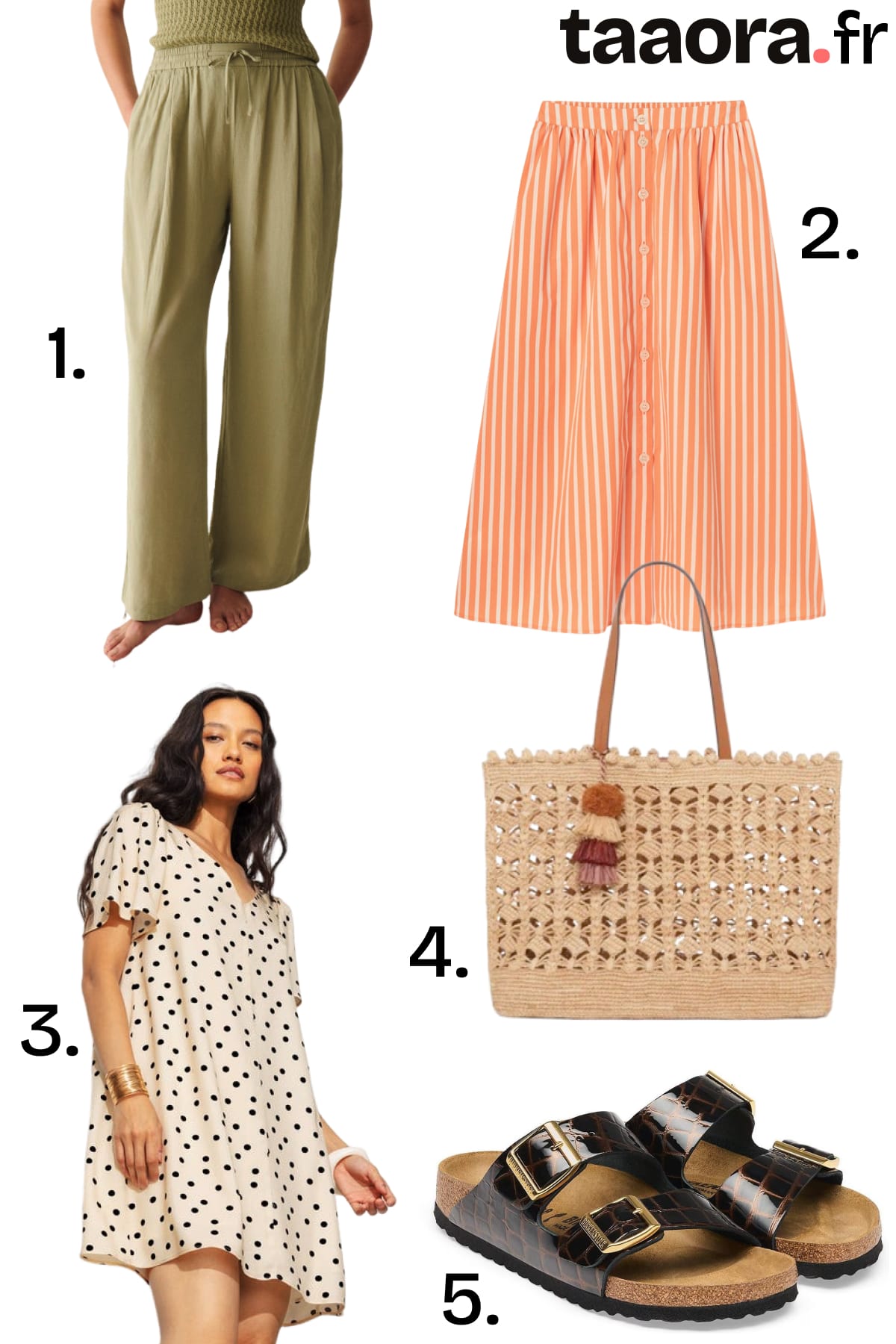 Sélection tendance été 2026 avec pantalon en lin vert thé, jupe rayée orange, robe à pois, sac paille et sandales croco Birkenstock