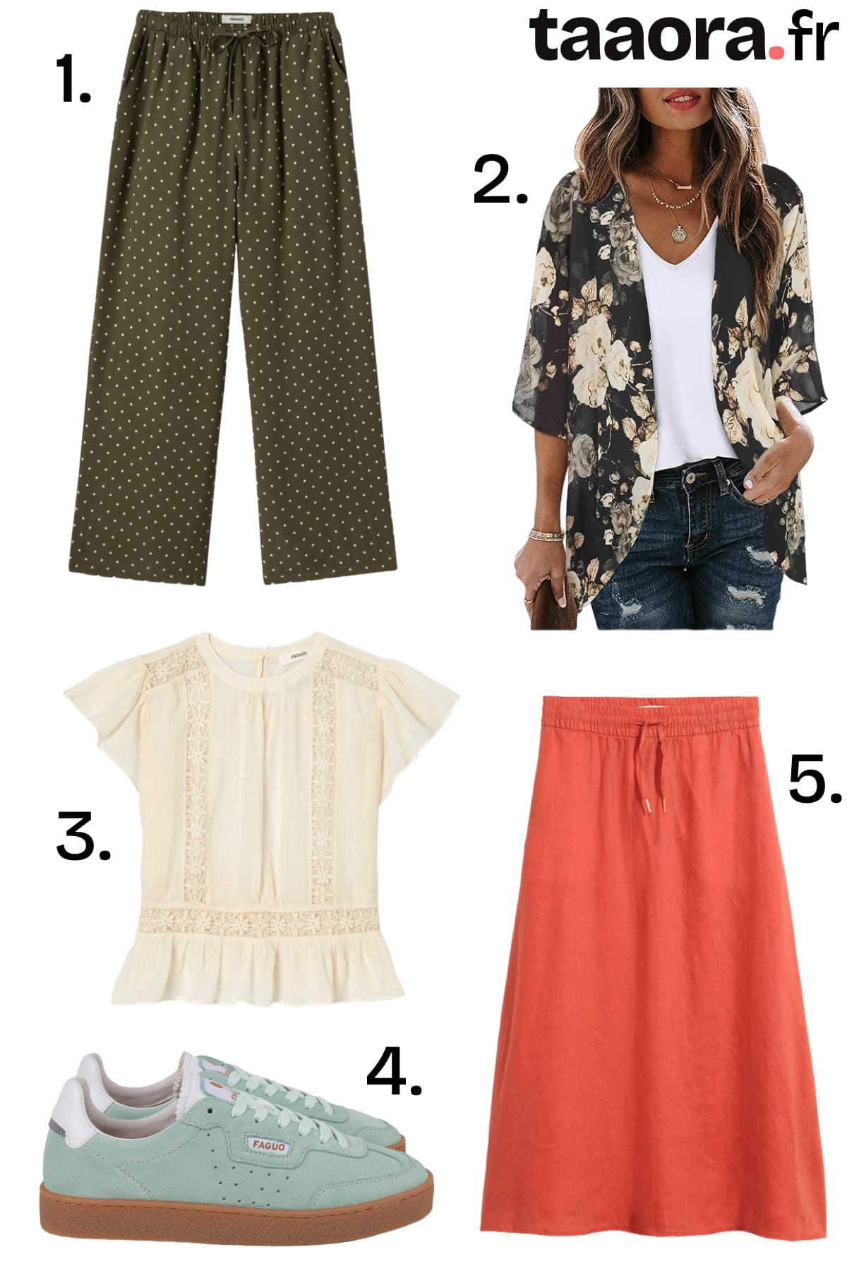 Pantalon à pois kaki, kimono fleuri, blouse guipure écrue, baskets Faguo bleu grisé et jupe en lin rouge cannelle