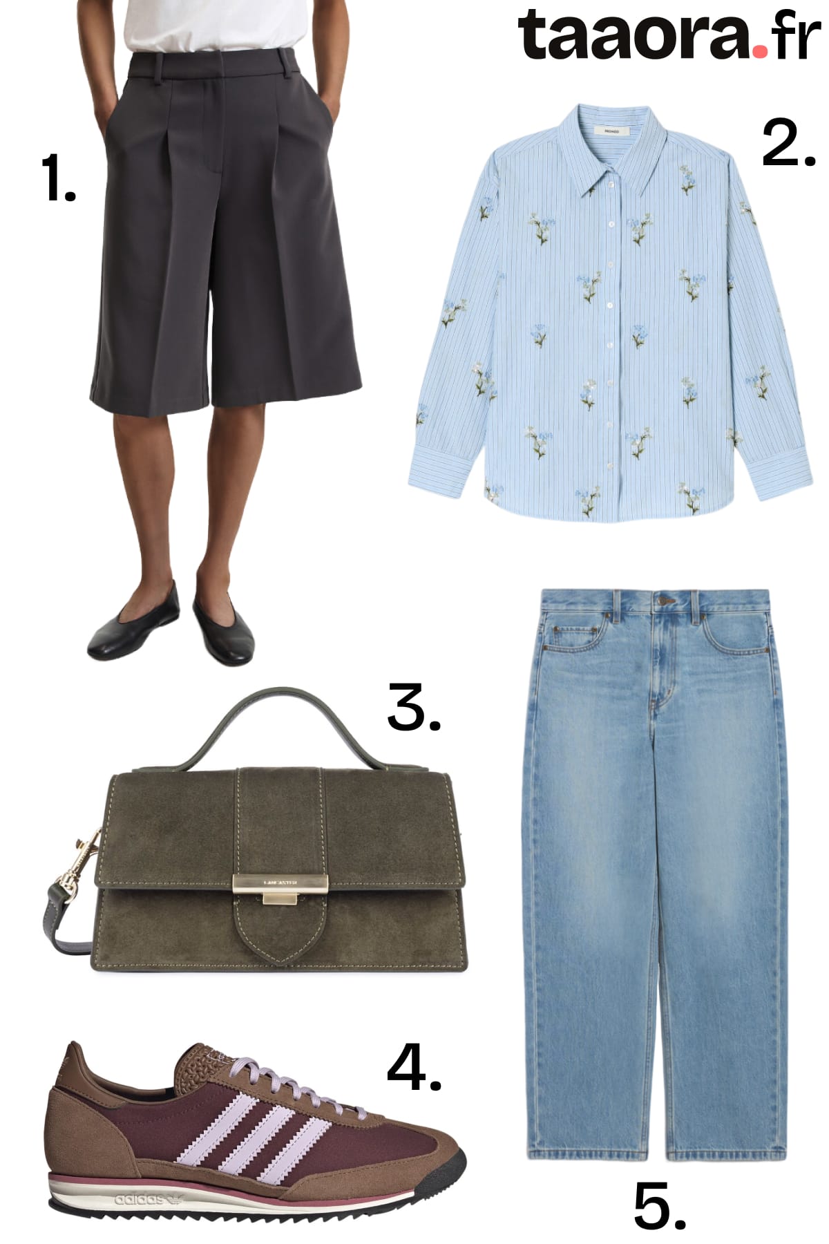 Bermuda long noir à pinces, chemise rayée bleue brodée de fleurs, sac à main en daim kaki, baskets Adidas SL 72 marron et jean boyfriend clair