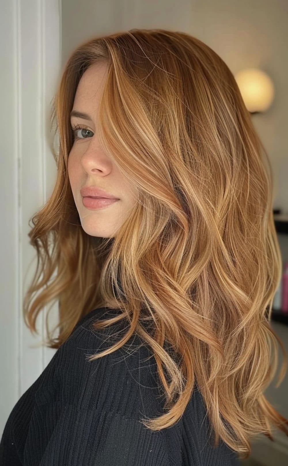 Coloration blond cuivre chaud sur cheveux longs ondulés avec balayage lumineux