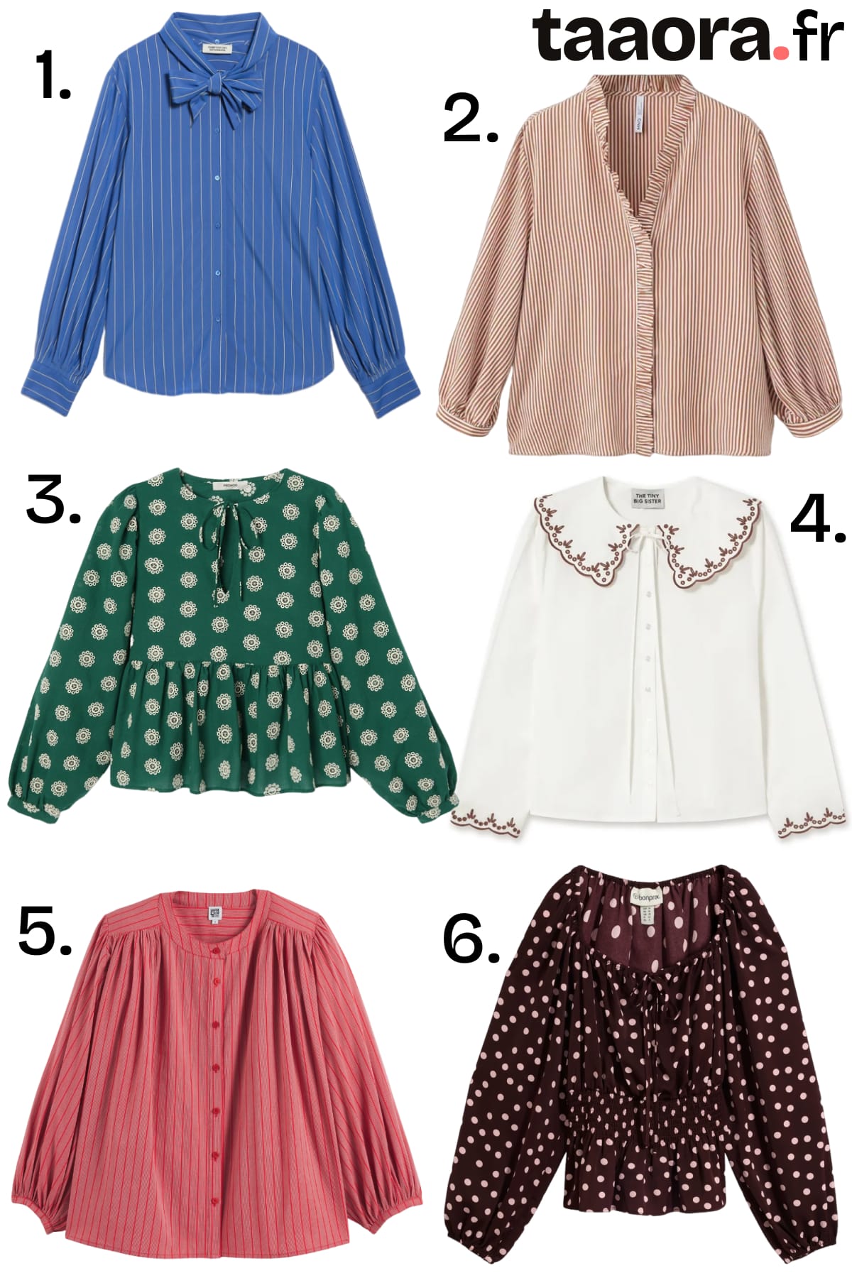 Sélection de six blouses femme pour l’automne-hiver 2026-2027 : modèles rayés, fleuris, à pois et à col brodé