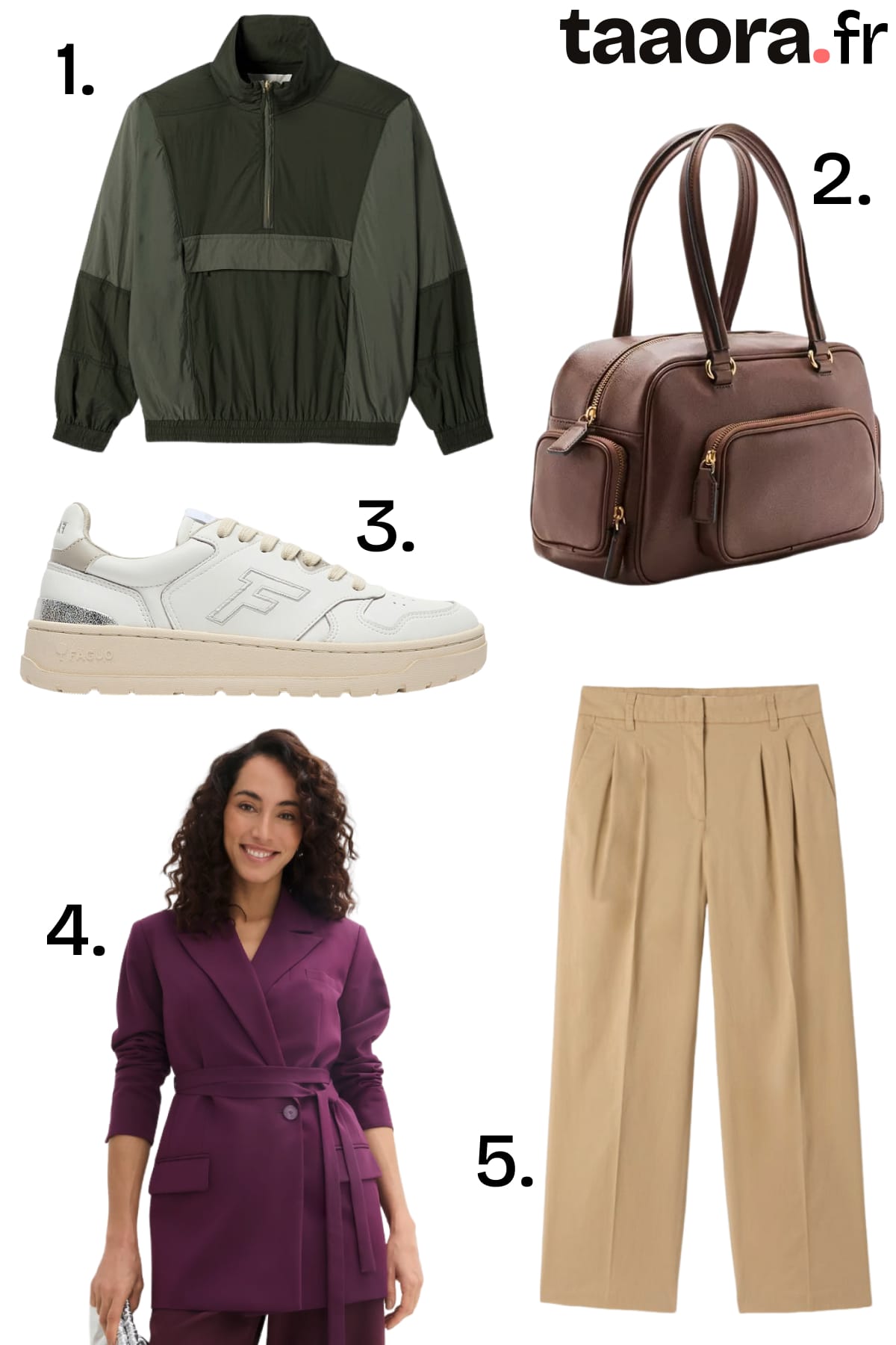 Blouson kaki, sac bowling marron, baskets blanches, blazer prune et pantalon beige large pour la rentrée