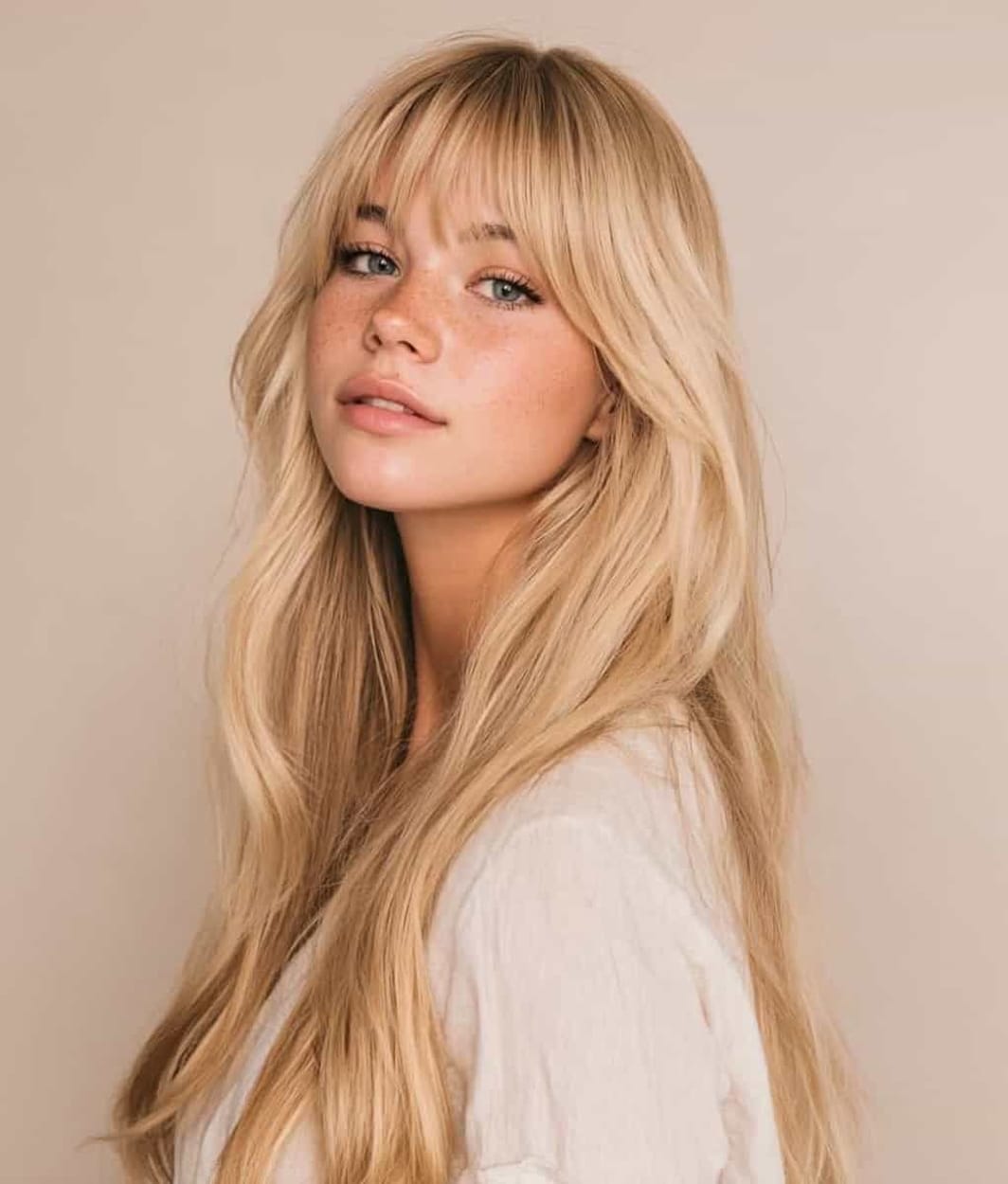 Buttercream blonde sur cheveux longs avec frange rideau effilée