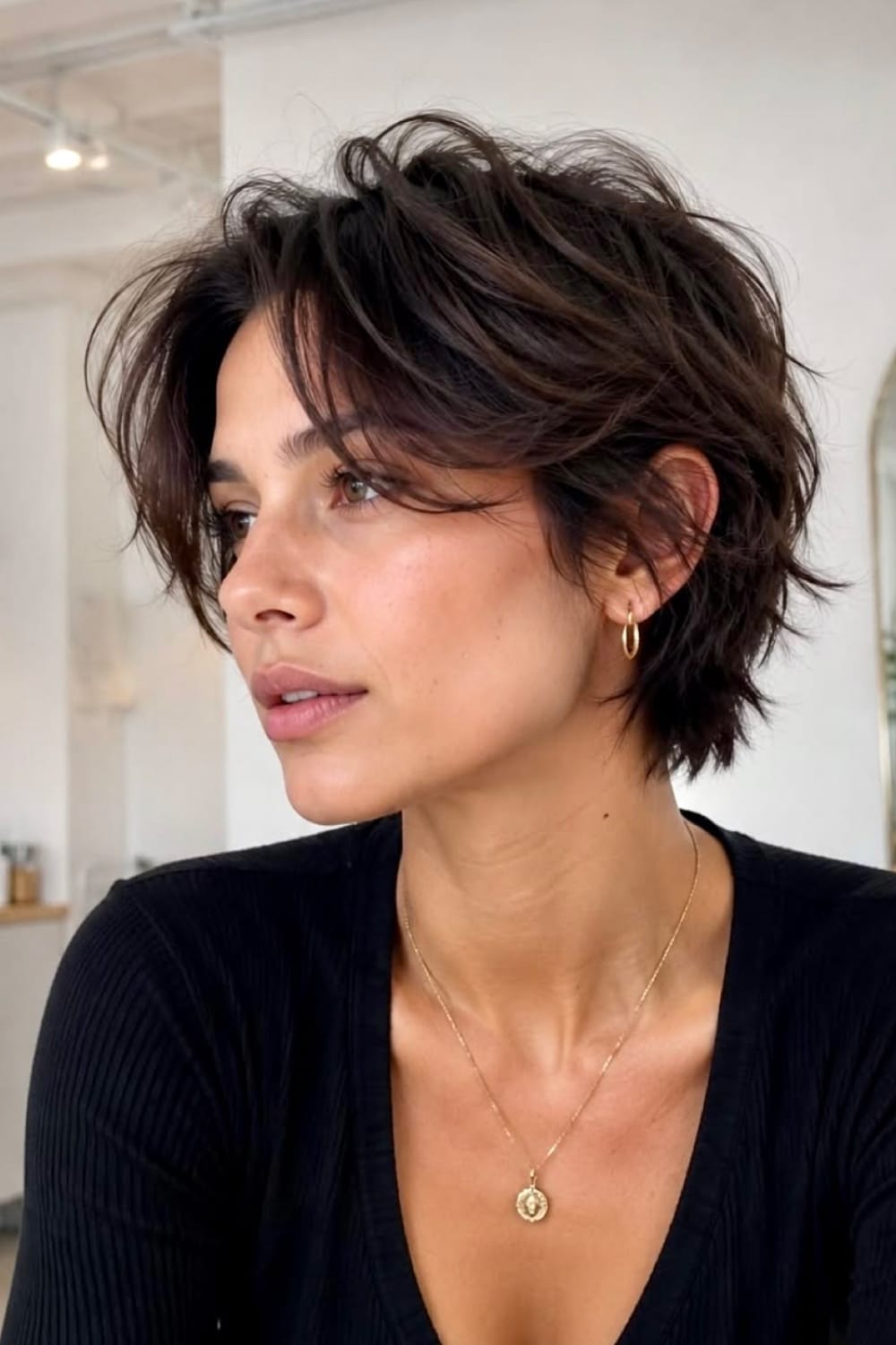 Bixie court brun foncé avec mèches effilées, volume froissé et frange souple