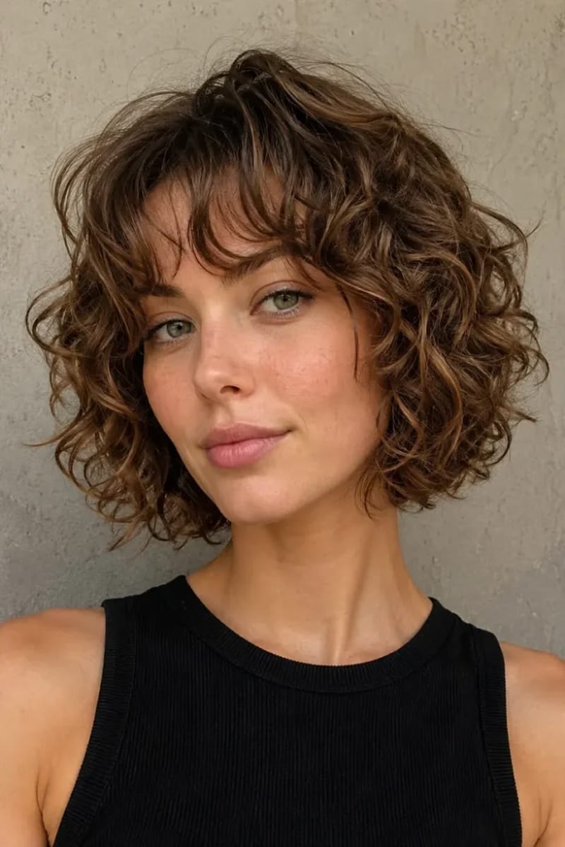 Curly shag court brun avec boucles définies, frange bouclée et volume arrondi