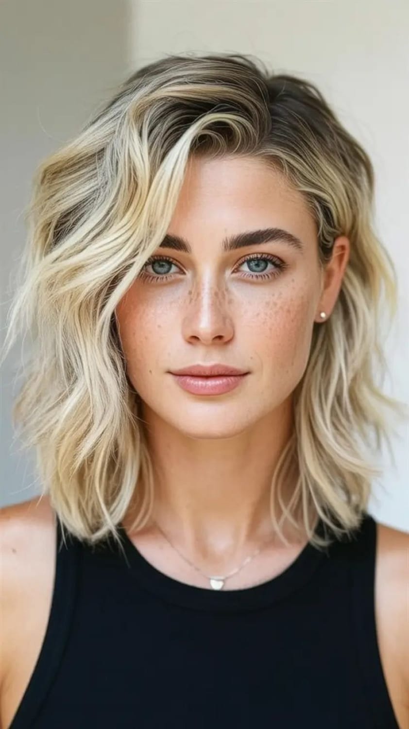 Carré long blond ondulé avec mèches dégradées autour du visage et racines plus foncées