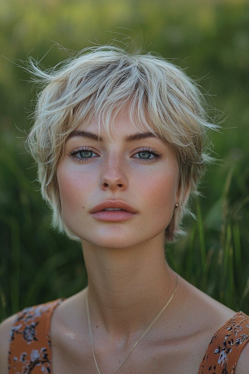 Pixie court blond clair avec frange effilée, mèches texturisées et finition décoiffée