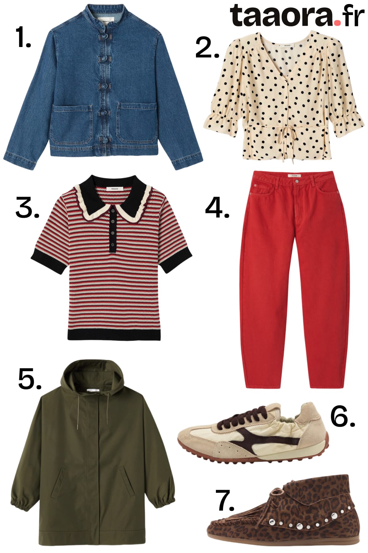 Collection Promod automne 2026 : veste en jean col mandarin, blouse à pois, polo col Claudine, jean rouge, parka kaki, baskets écru et bottines léopard