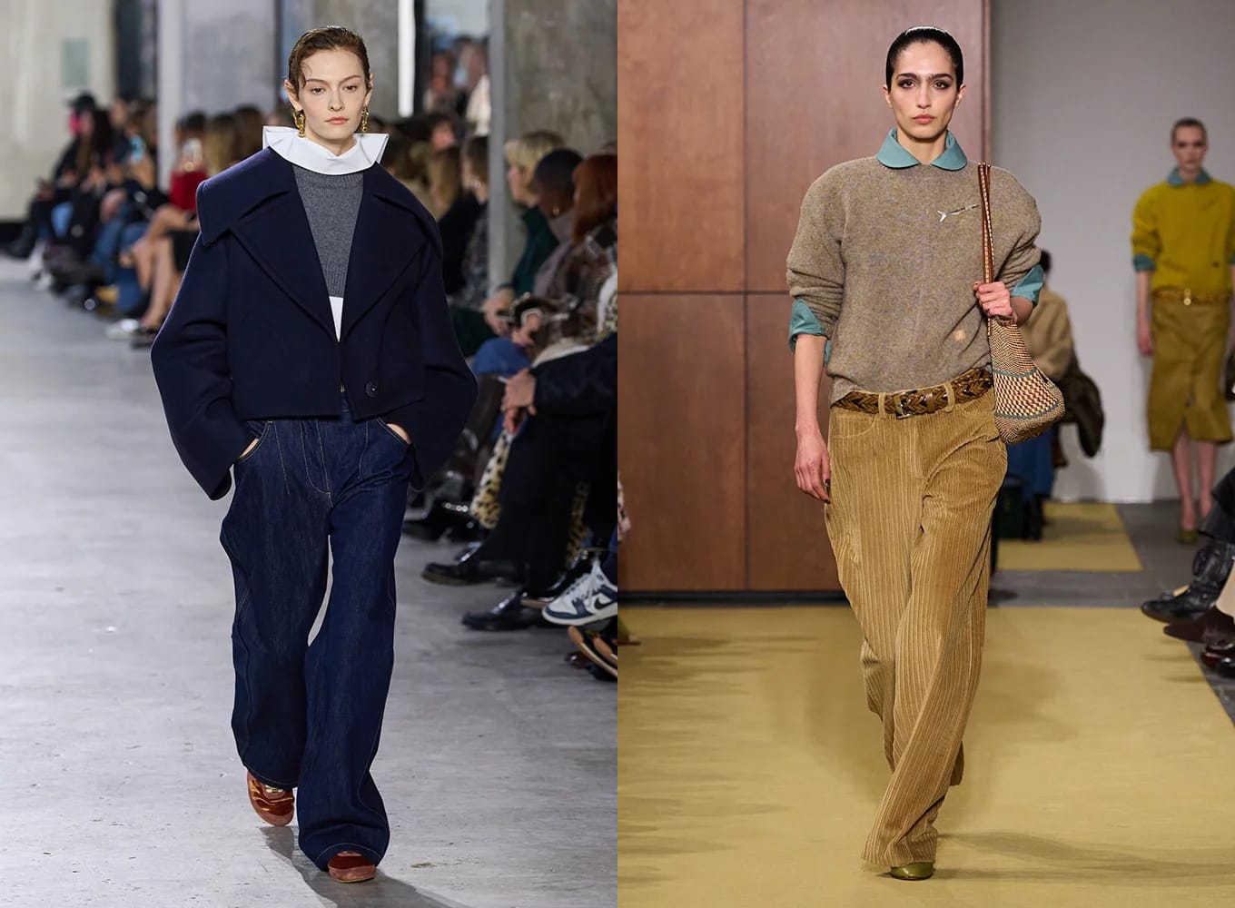 Col de chemise qui dépasse du pull tendance automne-hiver 2026-2027 sur les défilés Patou et Tory Burch