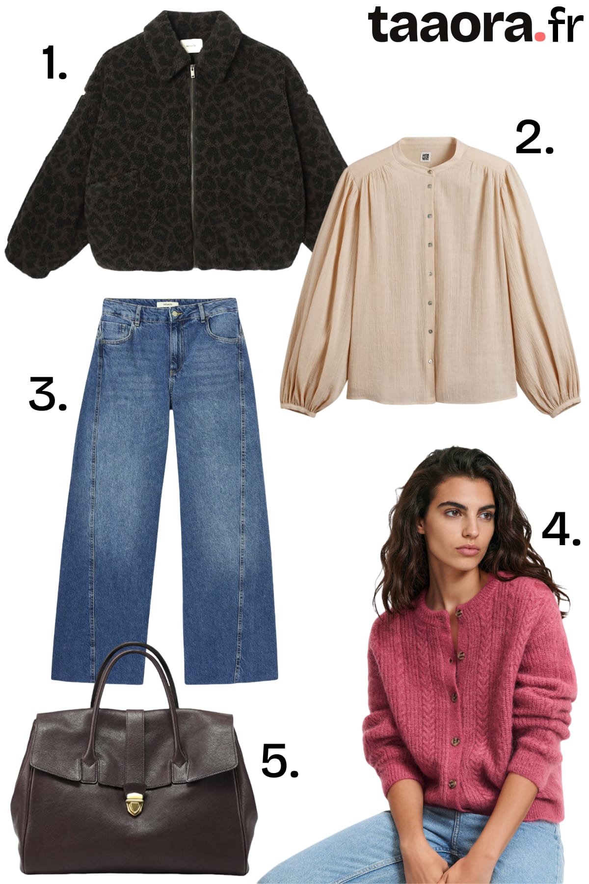 Blouson moumoute léopard, blouse beige, jean large, cardigan framboise et sac en cuir chocolat pour l'automne 2026