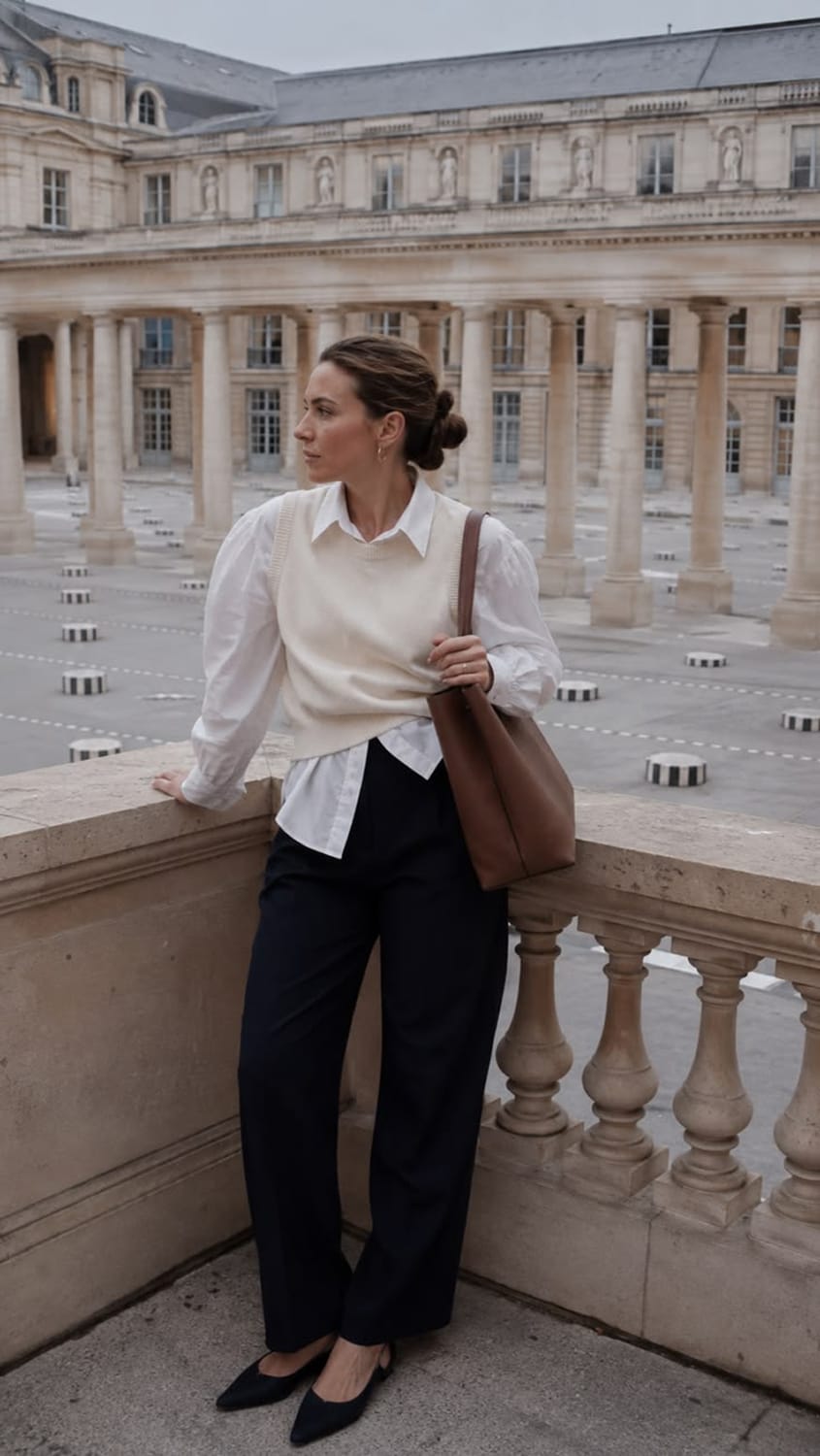 Chemise blanche oversize portée sous un pull sans manches écru avec un pantalon large marine et un sac fauve en automne