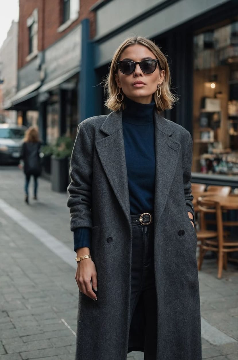 Col roulé fin bleu marine porté sous un manteau long gris anthracite avec un jean noir, look d'automne