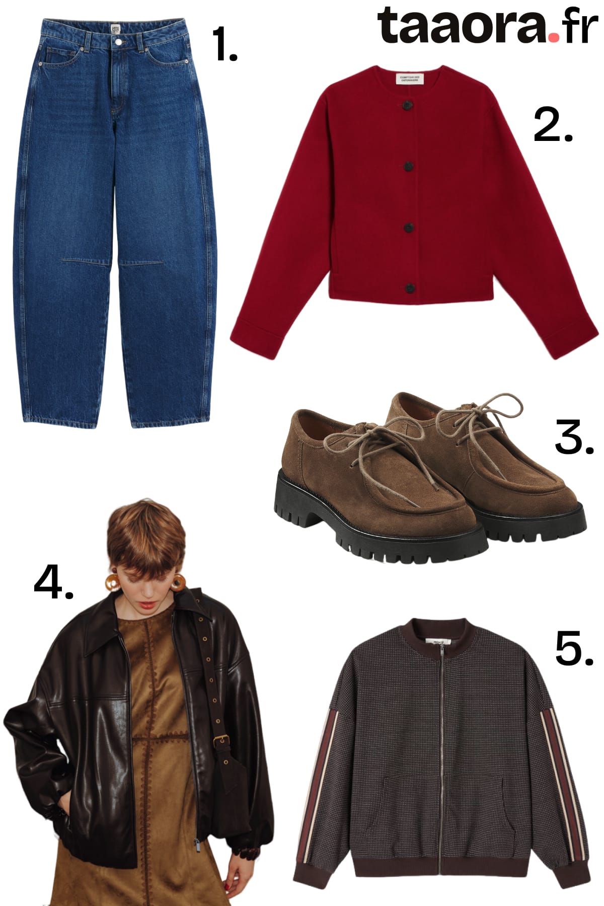 Sélection mode automne avec jean barrel, veste rouge en laine et cachemire, derbies crantées en daim et blouson en similicuir