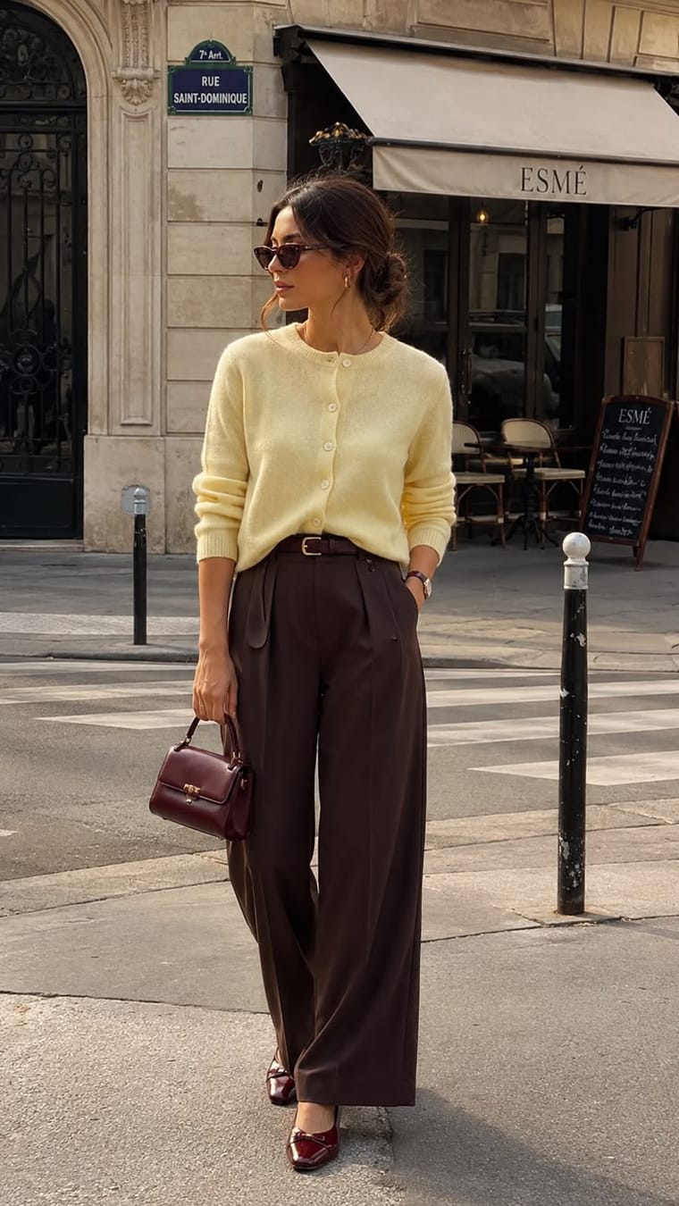 Pantalon à pinces chocolat large et taille haute porté avec un cardigan jaune beurre et un sac bordeaux en automne
