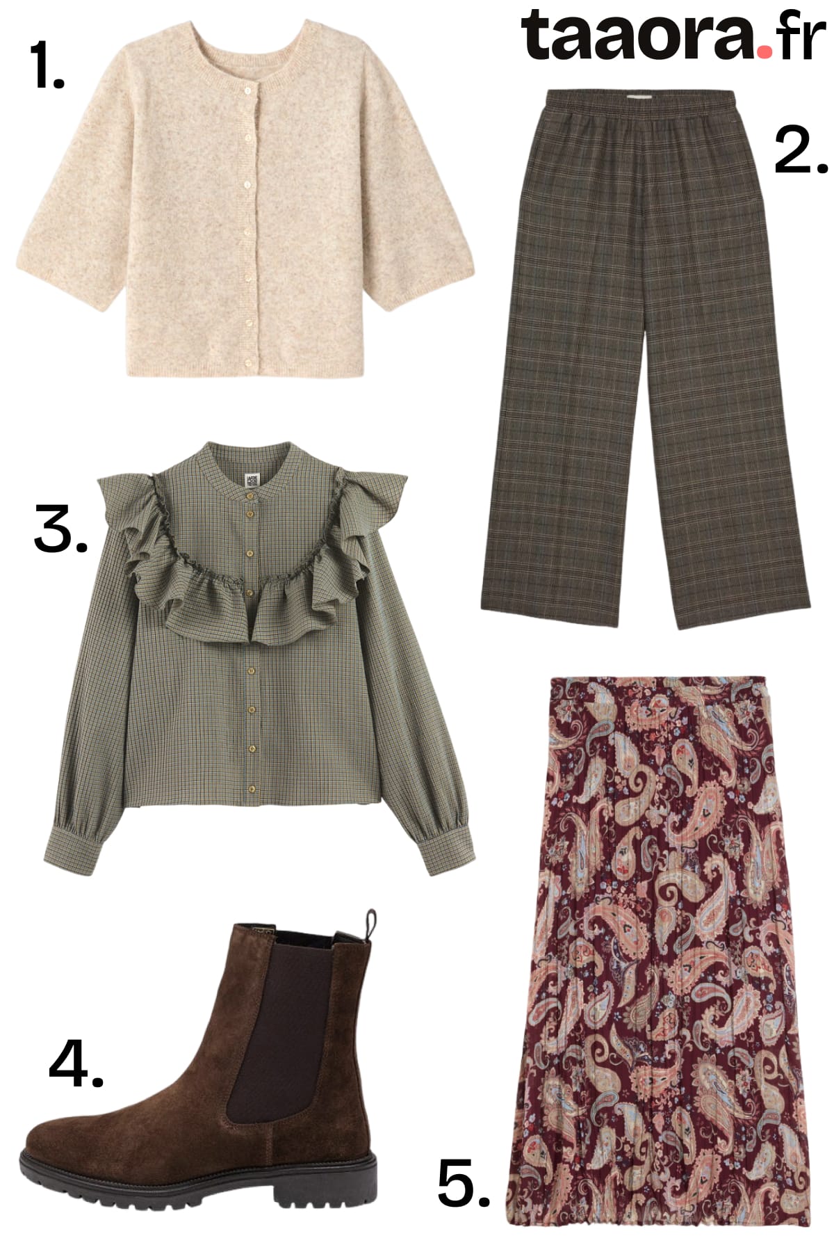 Cardigan beige, pantalon à carreaux, blouse à volants kaki, boots chelsea daim marron et jupe longue paisley bordeaux