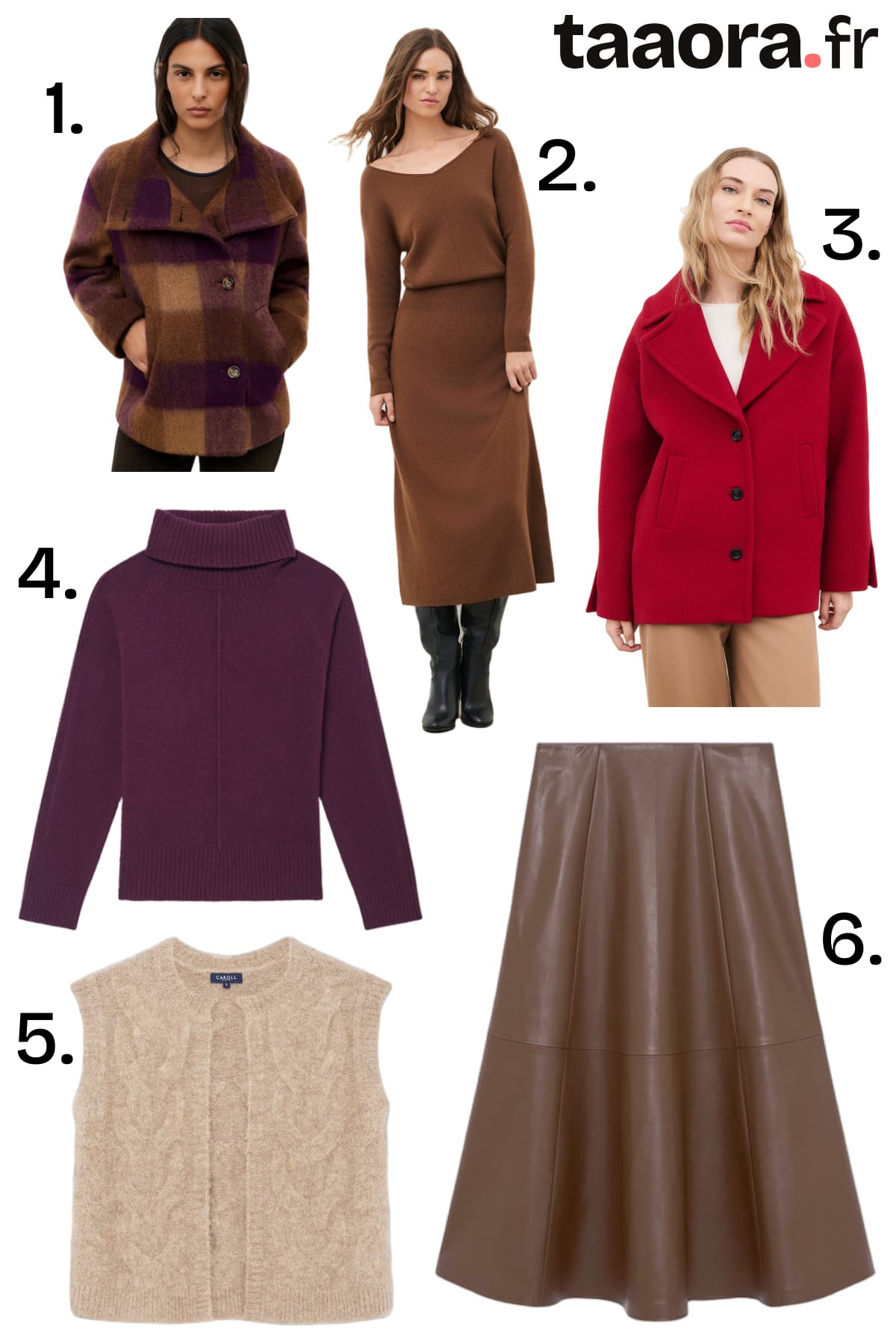 Sélection de 6 pièces Caroll automne-hiver 2026-2027 : manteau à carreaux prune, robe en maille marron, manteau rouge, pull prune à col roulé, gilet beige sans manches et jupe midi en simili cuir marron