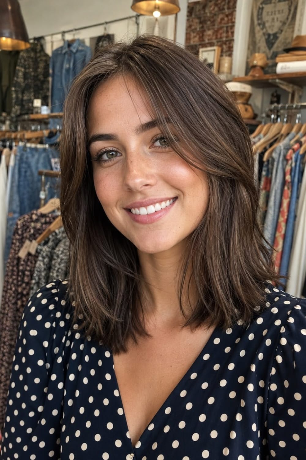 Cheveux bruns coupés en carré long avec dégradé autour du visage et frange rideau longue