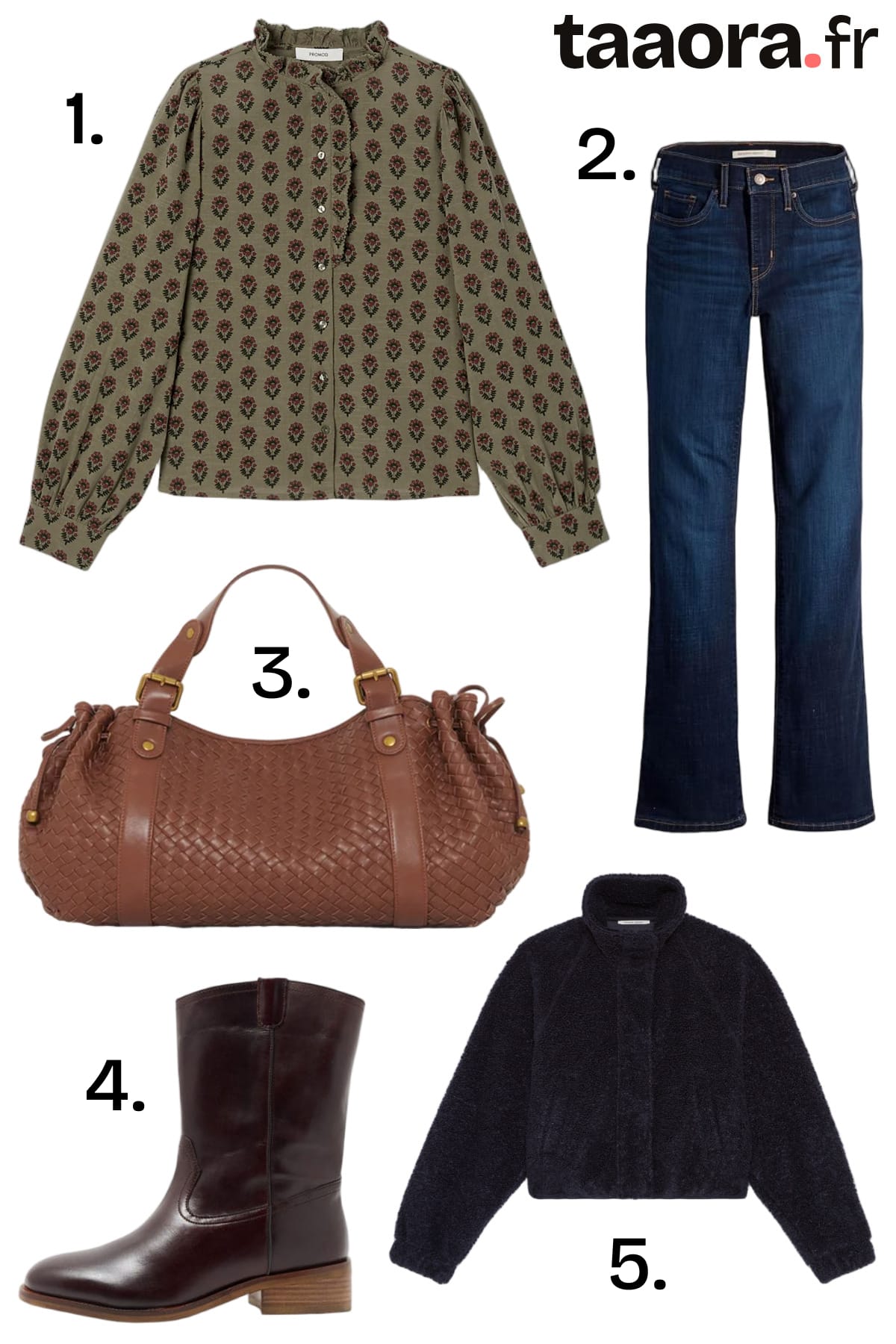 Chemise fleurie kaki à col volanté, jean Levi’s 315 bootcut, sac en cuir tressé cognac, boots camarguaises marron foncé et blouson sherpa bleu marine