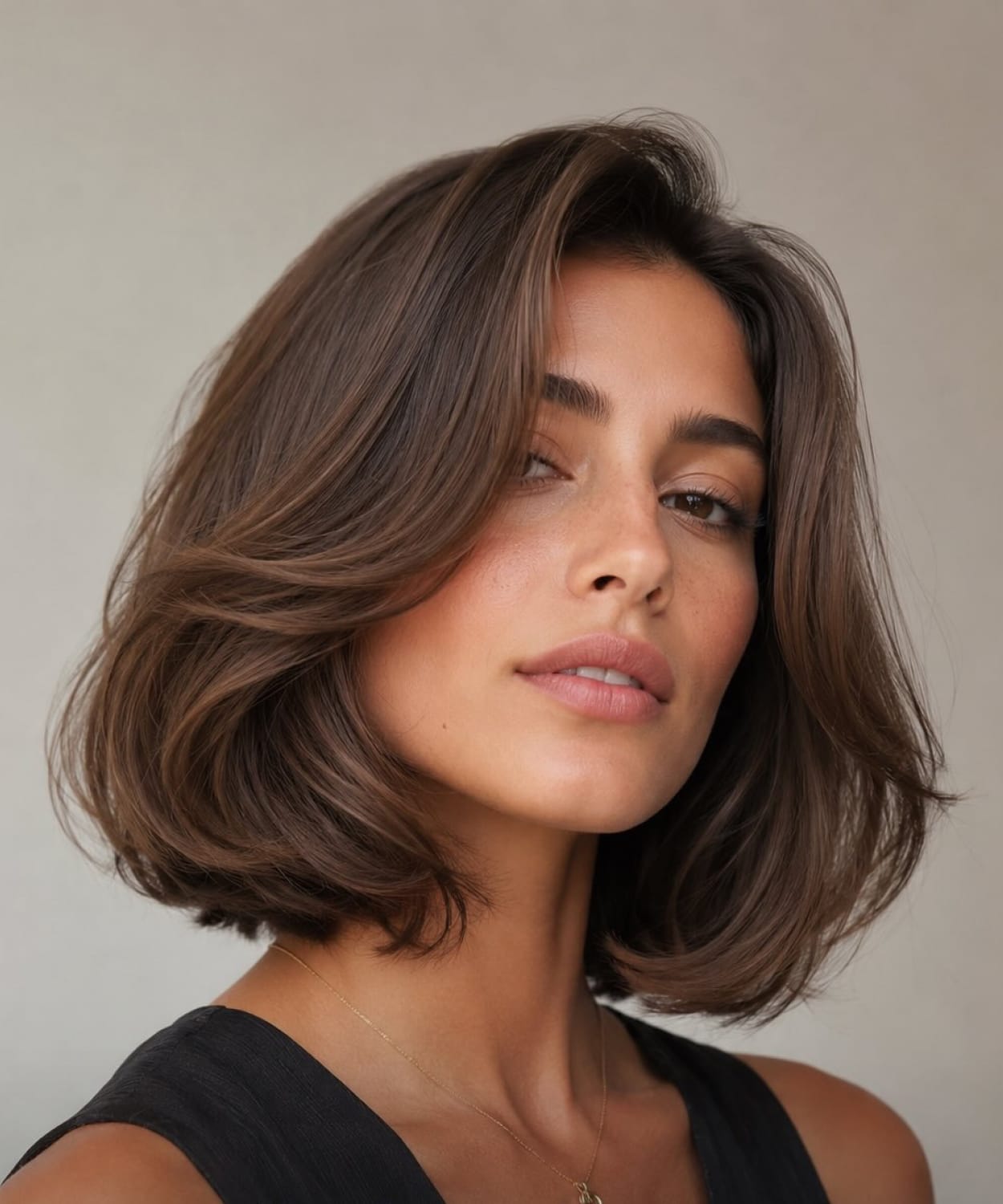Carré italien brun volumineux avec une raie décalée et de larges mouvements autour du visage